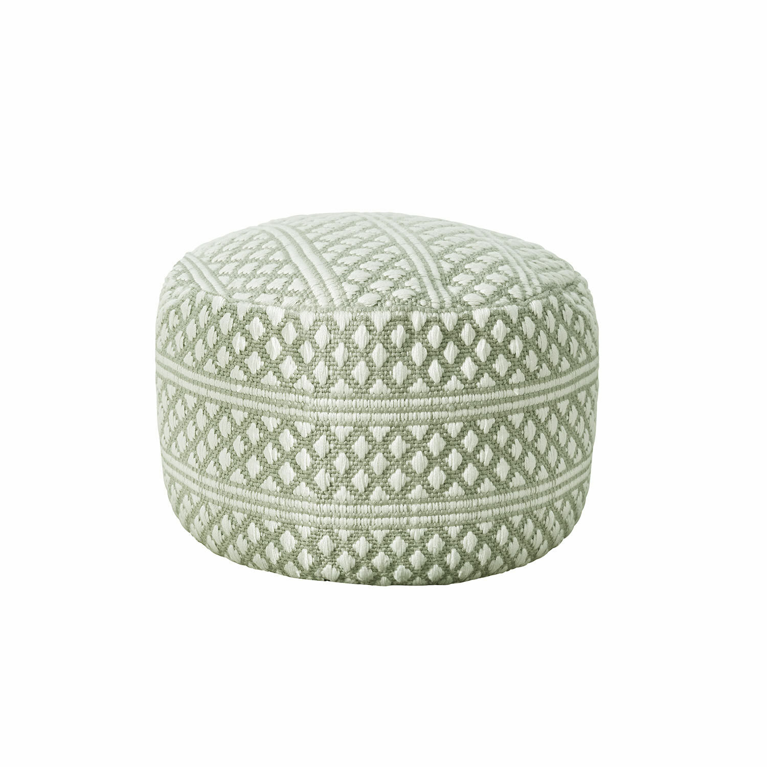 Runder Pouf aus Stoff mit grün-weißem geometrischem Muster, dekoratives Wohnzimmermöbel