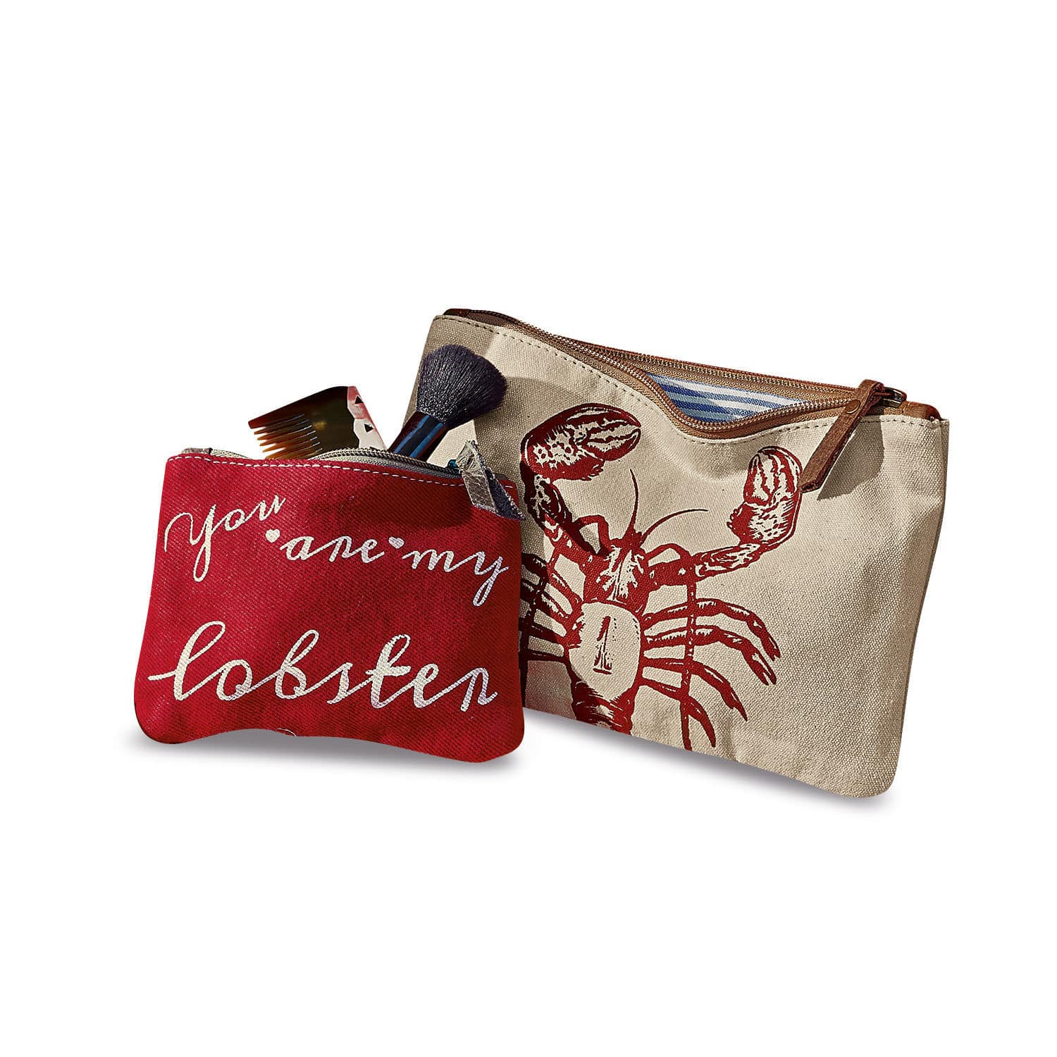 Set aus zwei Baumwoll-Kosmetiktaschen in Rot und Beige mit Hummerdruck und Schriftzug