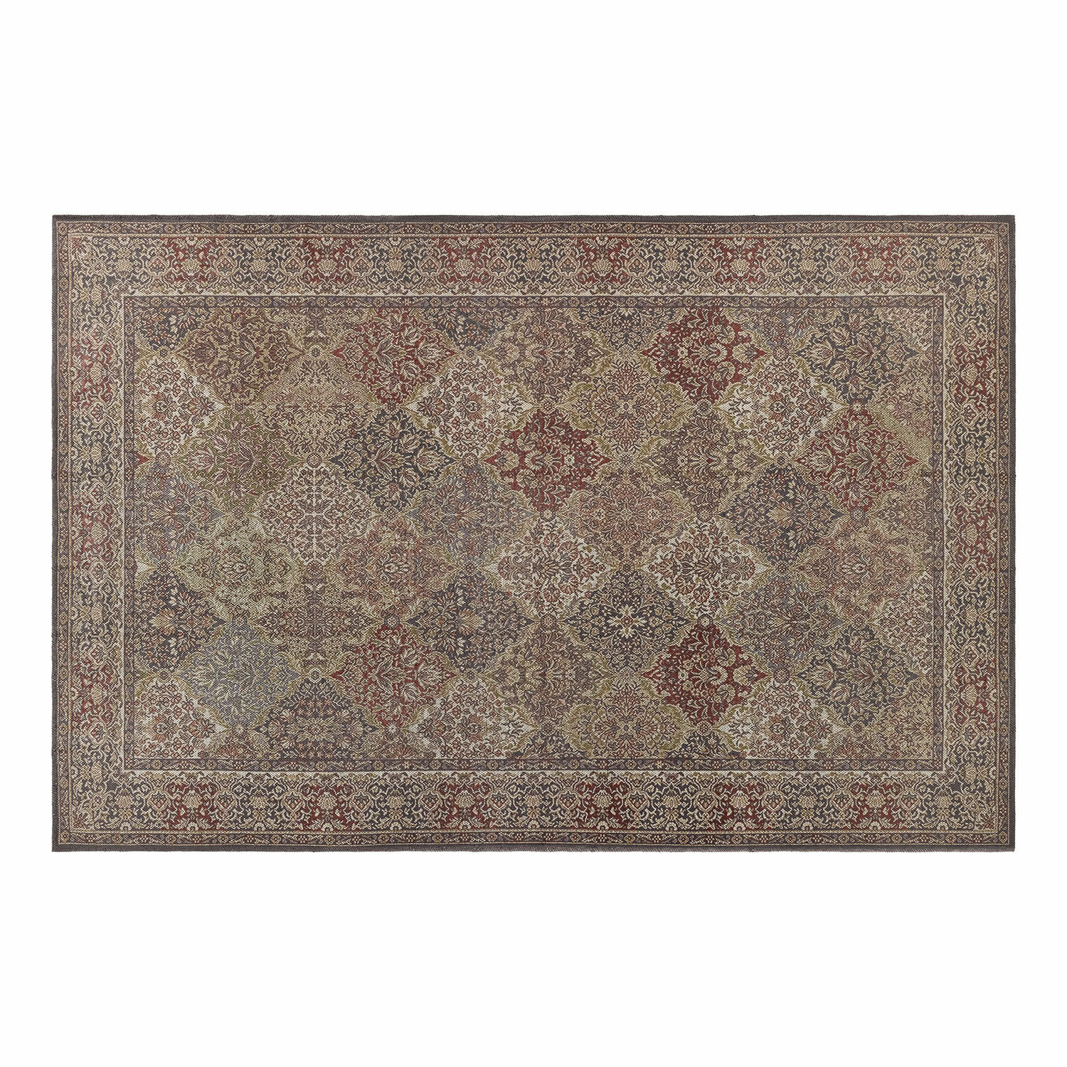 Teppich mit Patchwork-Muster in warmen Braun- und Rottönen, stilvolle Bodendekoration fürs Wohnzimmer