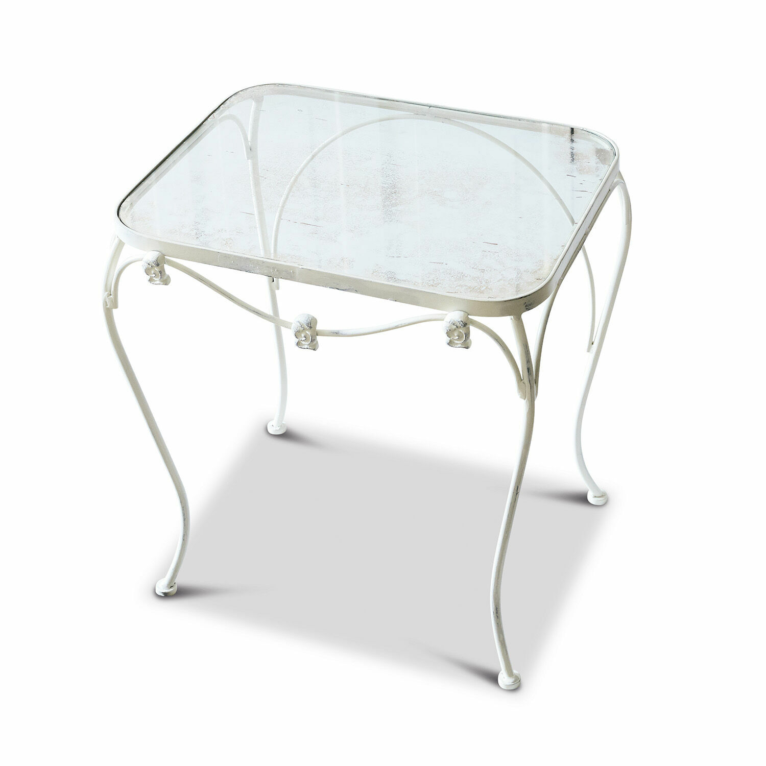 Weißer Metalltisch mit Glasplatte und dekorativen Beinen für Wohnzimmer oder Garten
