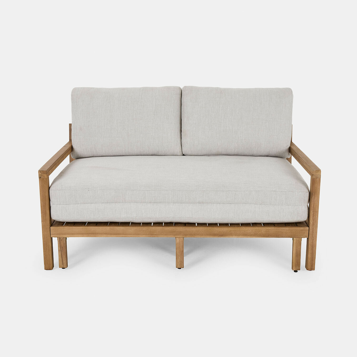 Moderne Schlafsofa mit Holzrahmen und cremefarbenen Polstern, stilvolles Wohnzimmermöbel