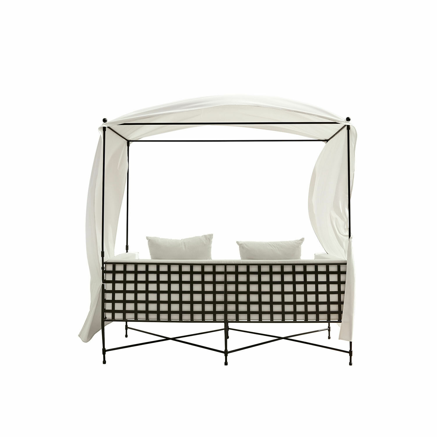 Weiße Metallsofa mit Baldachin und Kissen, ideal für Garten oder Terrasse