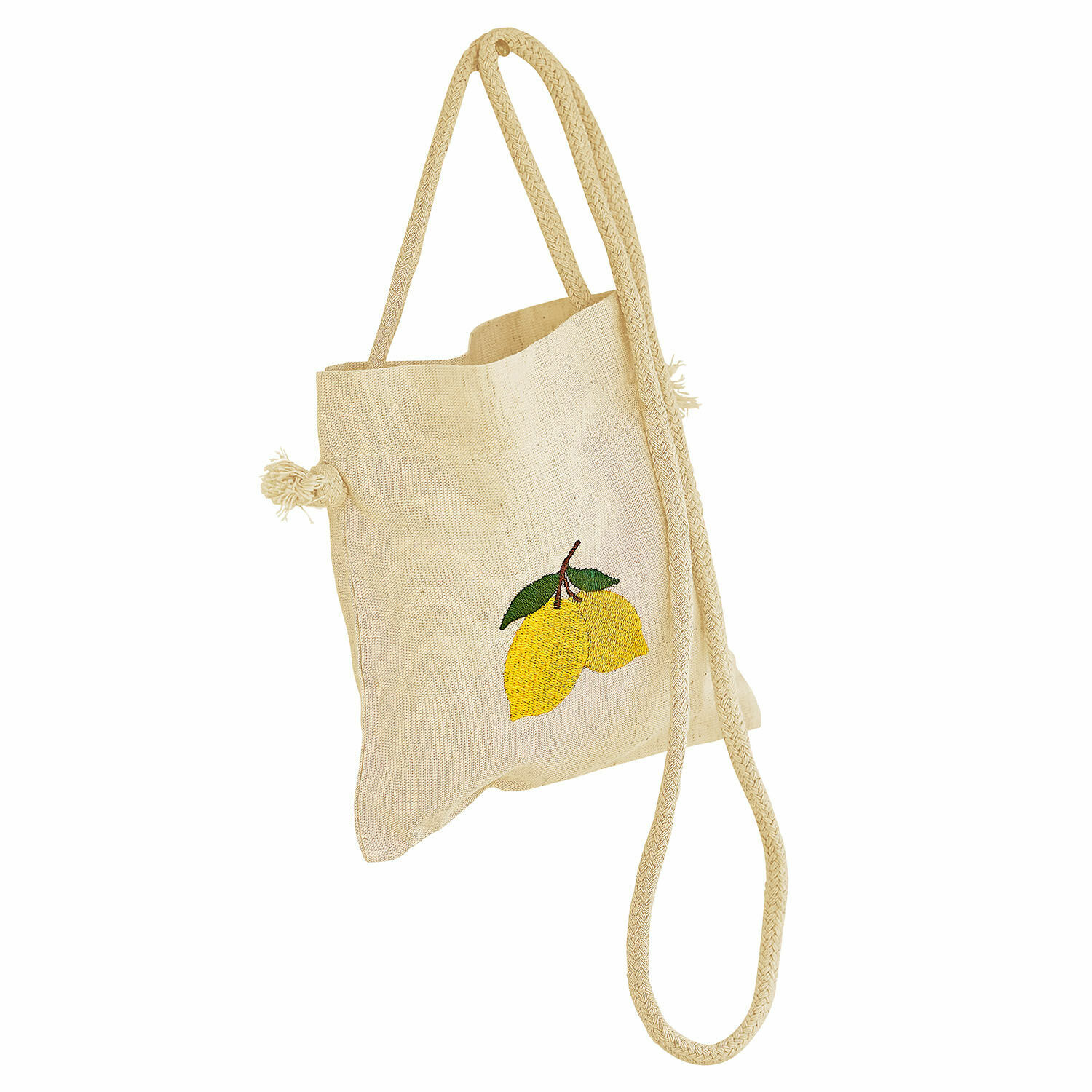 Tasche Palerina Beige Leinentasche mit Zitronen-Stickerei und langem Tragegurt, leichte Einkaufstasche