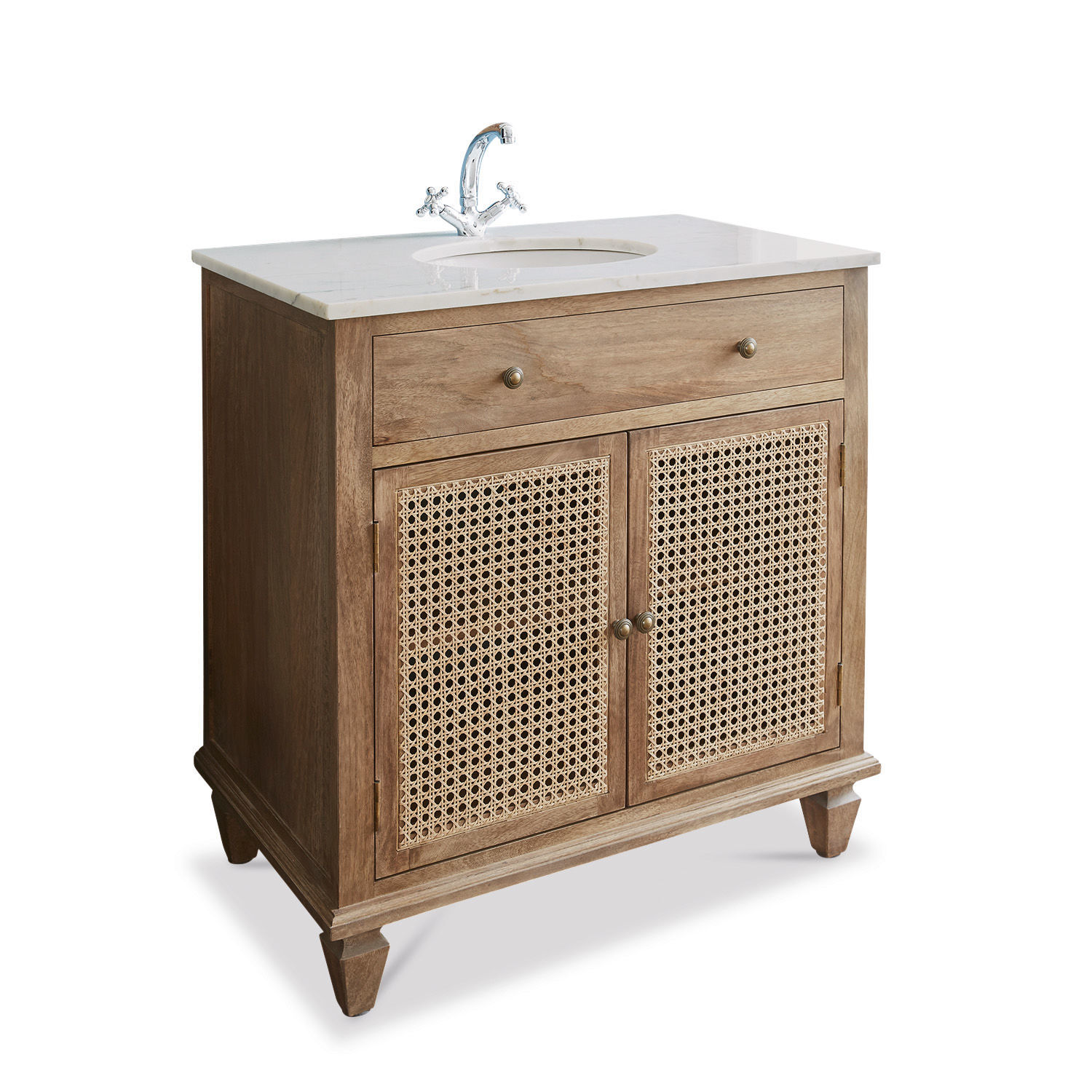 Waschtisch Emyl Badezimmermöbel aus Holz und Rattan mit weißer Marmorplatte und verchromtem Wasserhahn