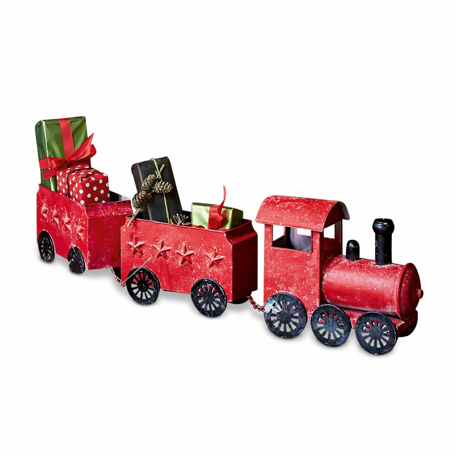 Deko-Zug Ayene Roter Metall-Dekozug mit Sternen, gefüllt mit Geschenken, festliche Weihnachtsdekoration