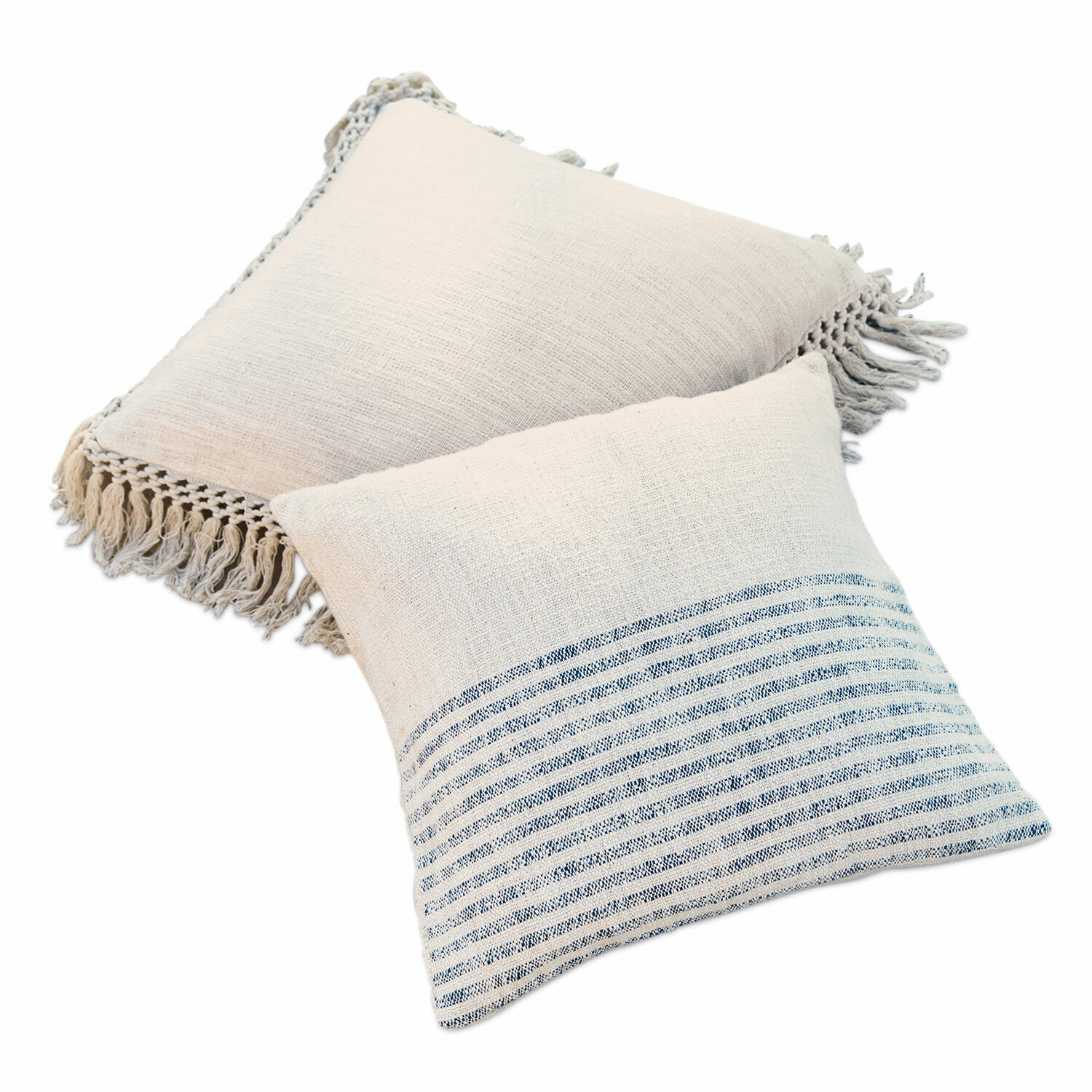Kissenhülle 2er Set Marpent Set aus zwei dekorativen Baumwollkissen in Creme mit Fransen und blauen Streifen