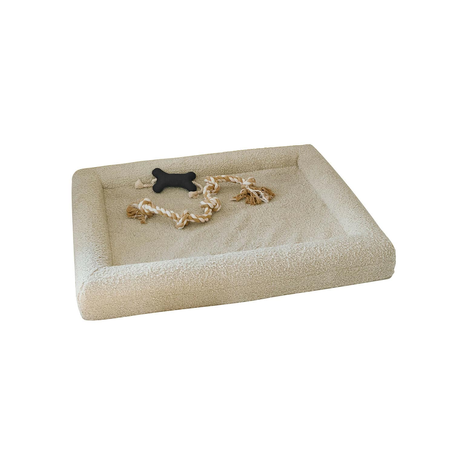 Haustierbett Khalima Beiges Hundebett aus weichem Material mit Spieltau und schwarzem Kauknochen