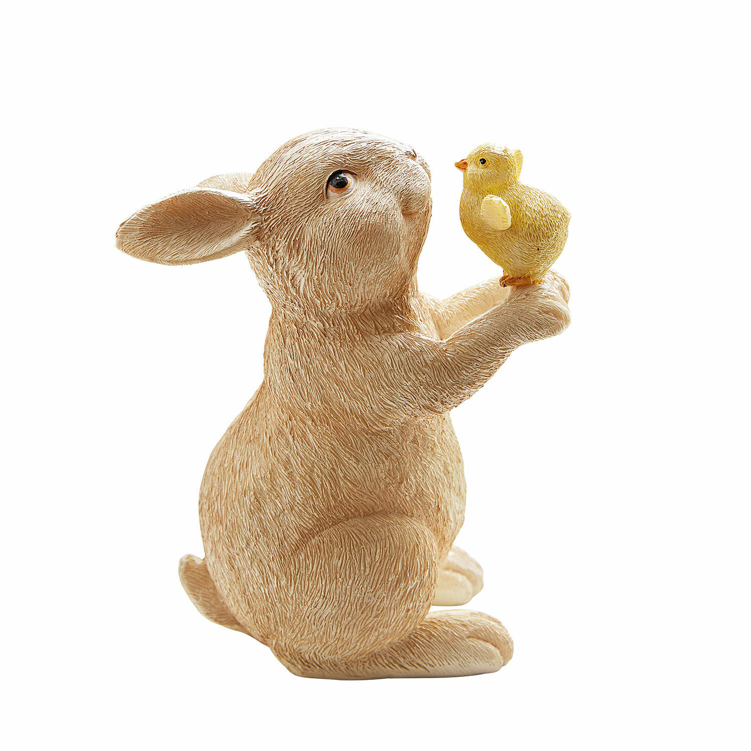 Deko-Hase Raniah Beige Hasenfigur aus Kunststoff mit gelbem Küken, frühlingshafte Dekoration