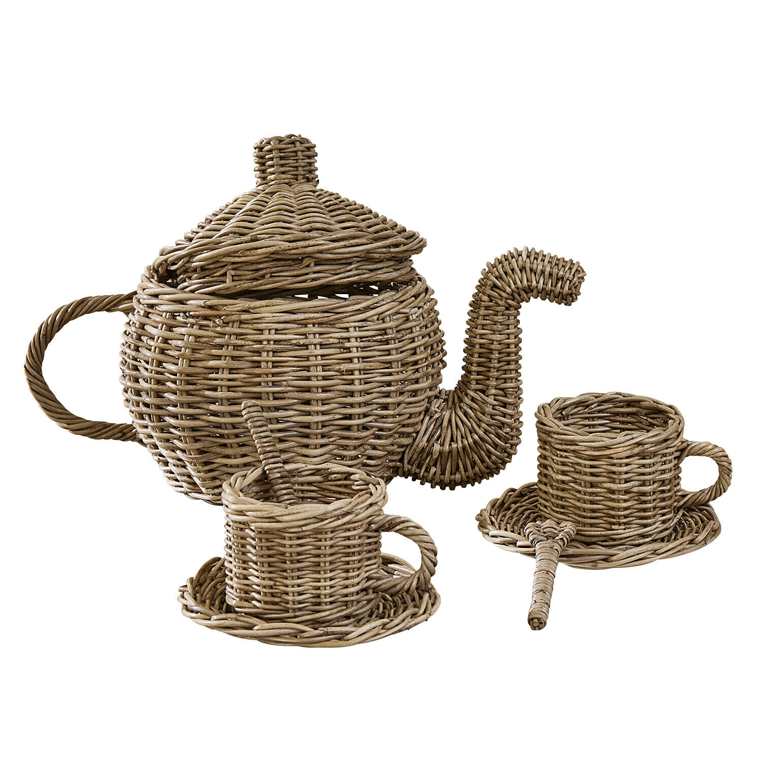 Teeset aus natürlichem Rattan mit Teekanne, Tassen und Untertassen handgeflochten