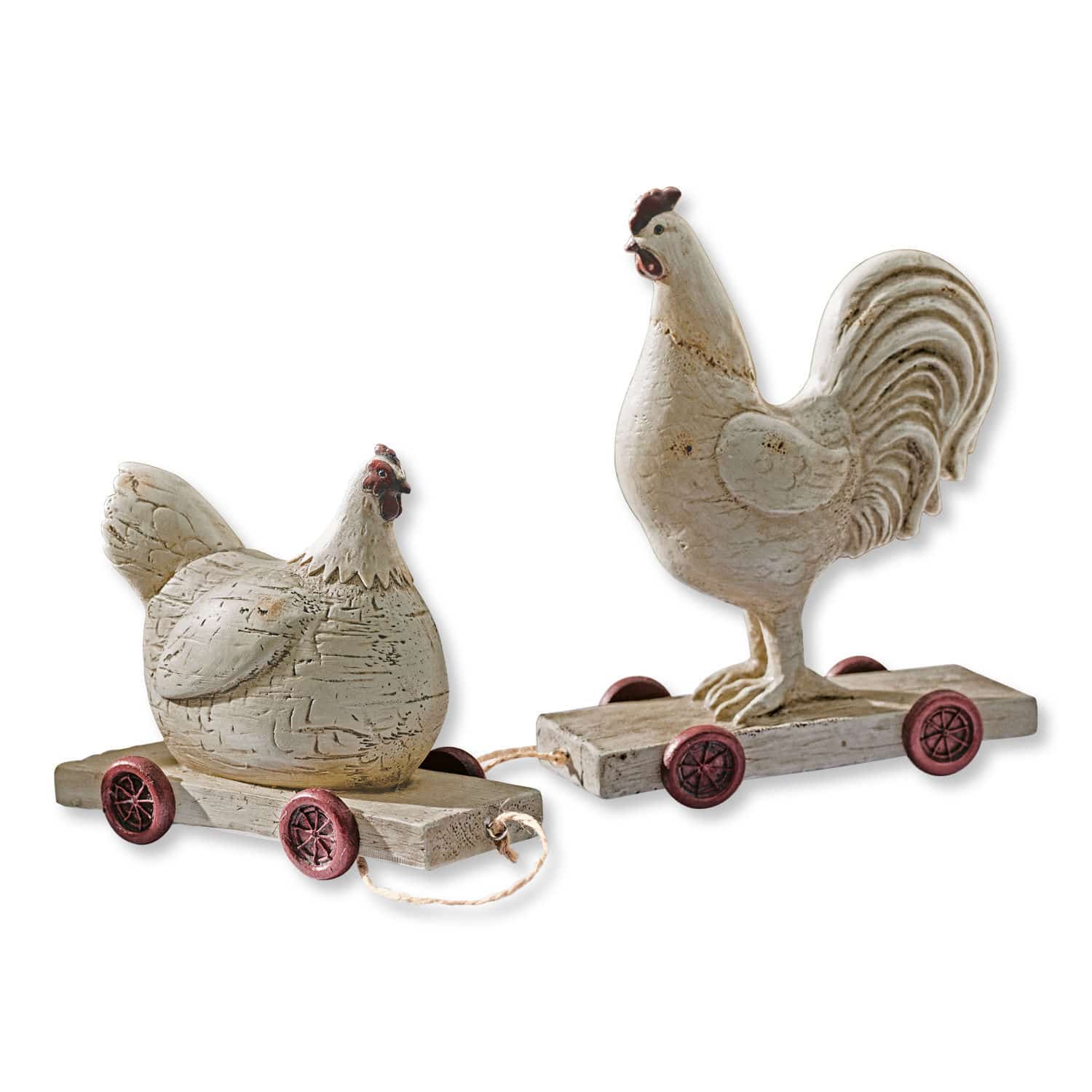 Huhn 2er Set Mesnil Holzdekorationen Hahn und Henne auf Rädern in weißem Used-Look für rustikalen Wohnstil