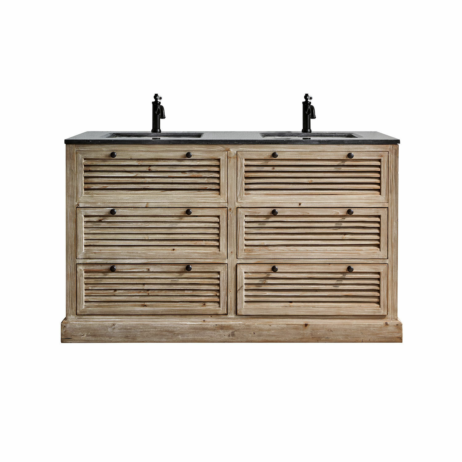 Holz-Badezimmermöbel mit zwei schwarzen Wasserhähnen und schwarzer Arbeitsplatte, naturfarben