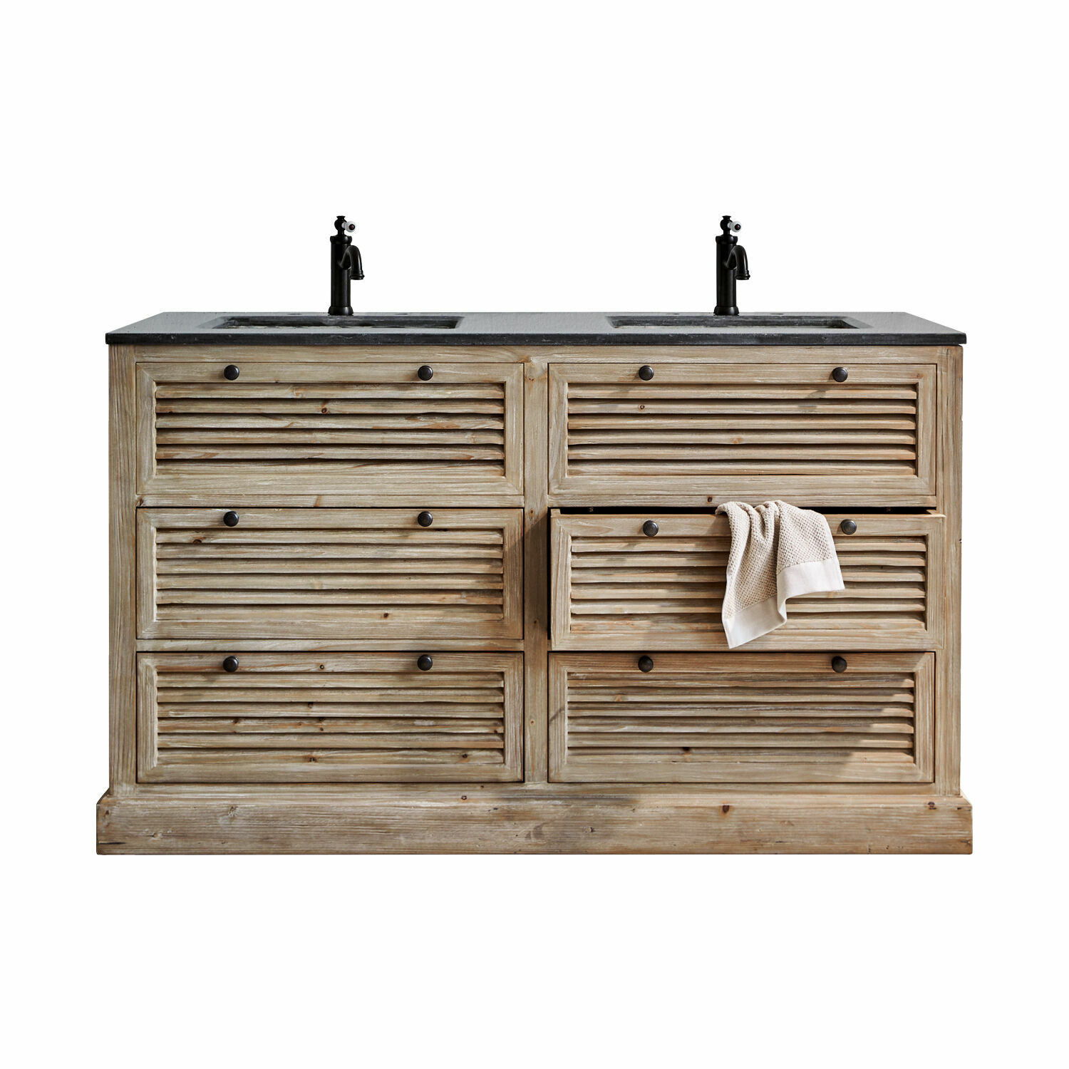Holz-Badezimmerschrank mit zwei schwarzen Wasserhähnen und schwarzer Steinplatte