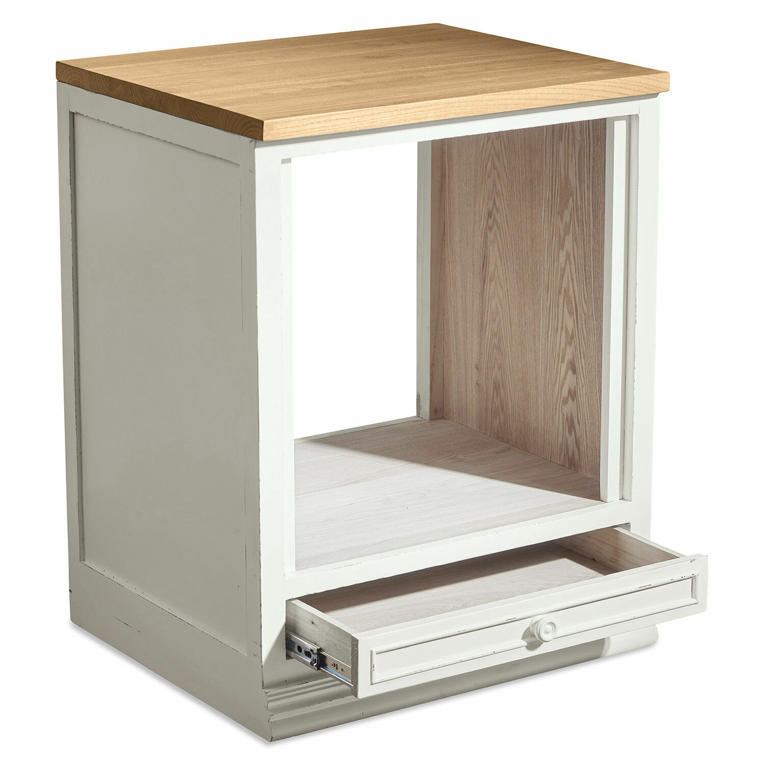 Weißer Holztisch mit Schublade und hellem Holzplatte für Aufbewahrung und Dekoration