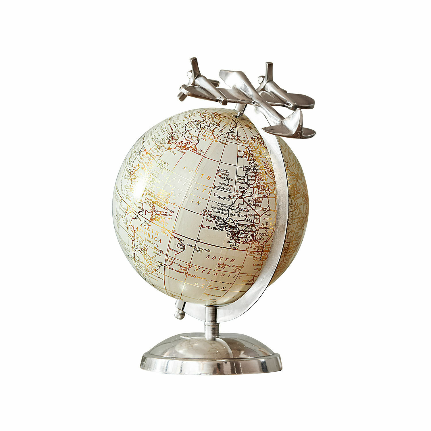Deko-Globus Jollysail Dekorativer Globus mit silberner Metallbasis und Flugzeugen, Vintage-Schreibtischdeko