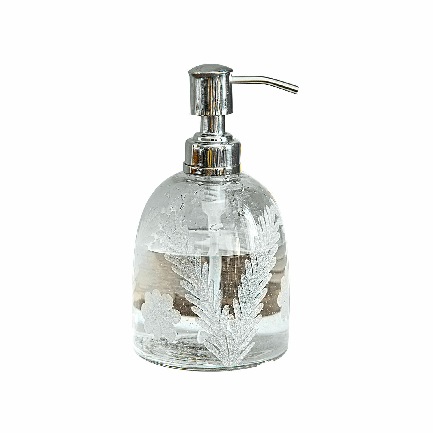 Seifenspender Crystal Transparenter Glas-Seifenspender mit Metallpumpe und floralem Muster für das Badezimmer