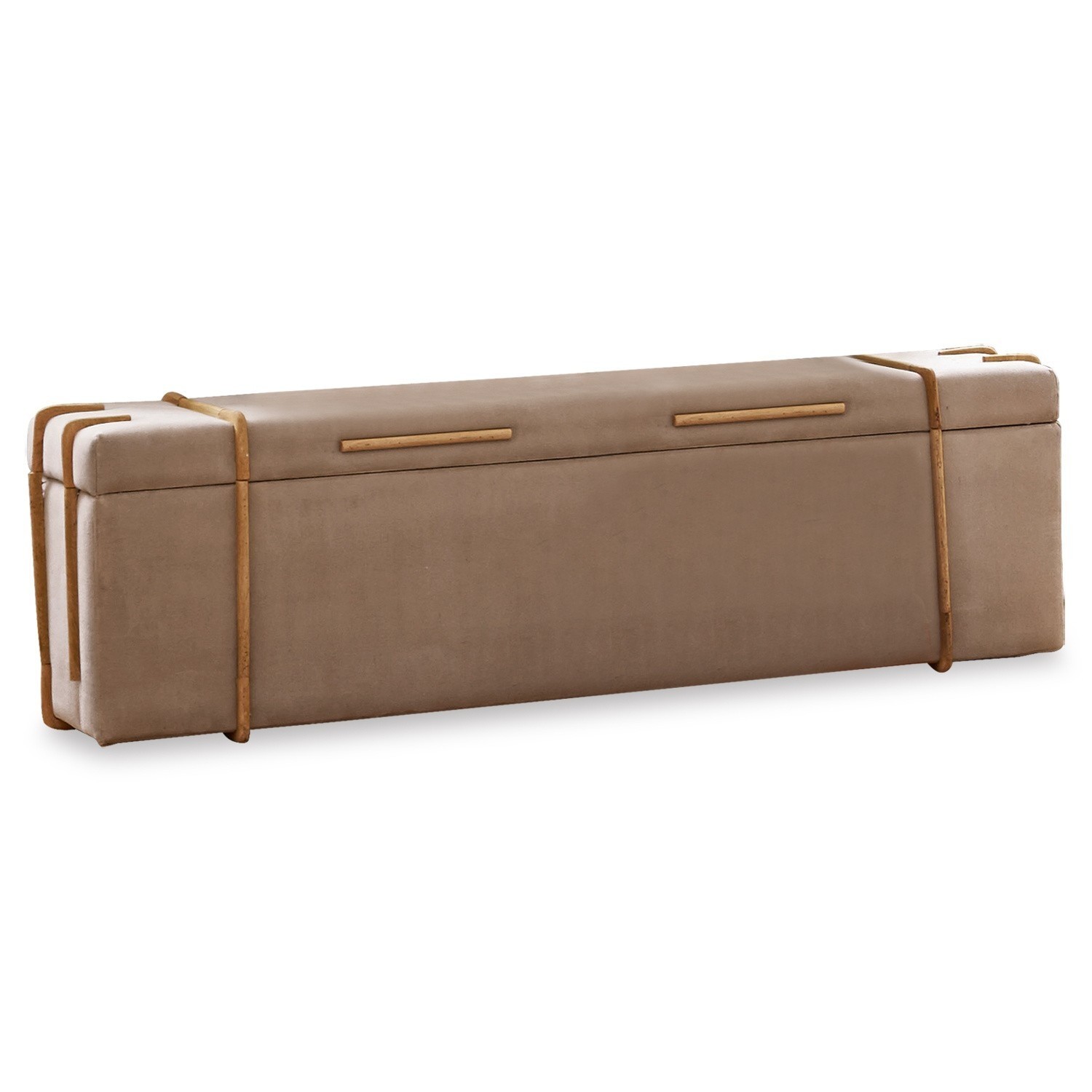 Beige gepolsterte Bank mit Holzdetails, moderner Sitzmöbel für Wohnzimmer