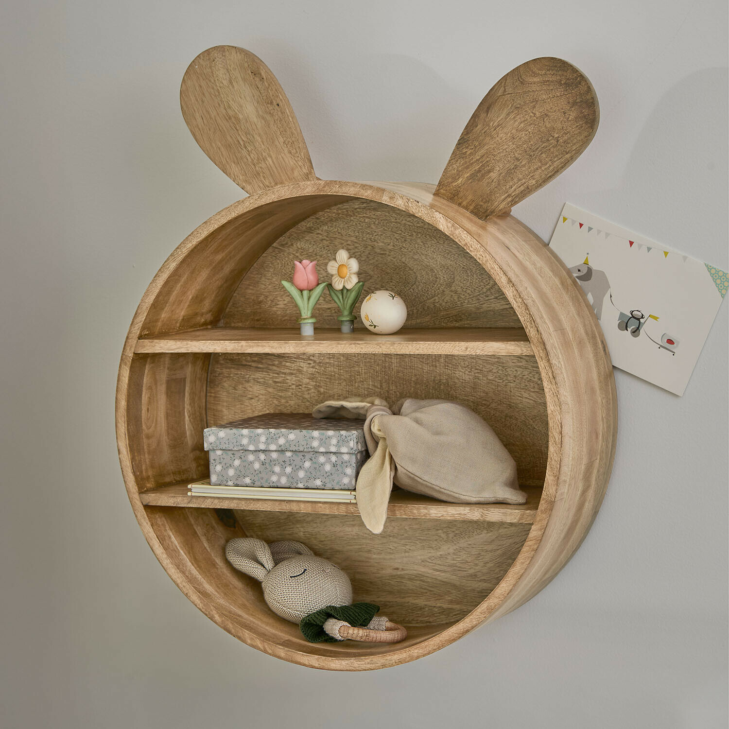Kinderwandregal Papillonette Rundes Wandregal aus Holz mit Hasenohren, naturfarben, dekoratives Kinderzimmermöbel