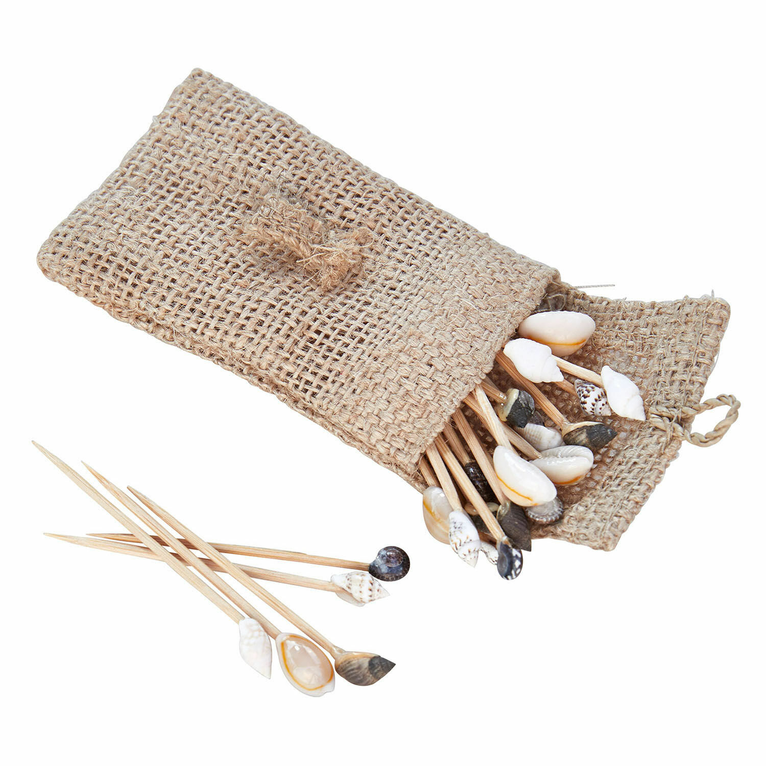 Muschelsticker Bijou Set aus Holzspießen mit natürlichen Muscheln in Jutebeutel für Tischdekoration
