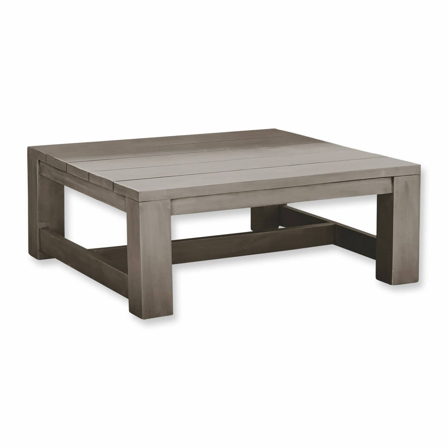Quadratischer niedriger Couchtisch aus grauem Holz für Wohnzimmer und Garten