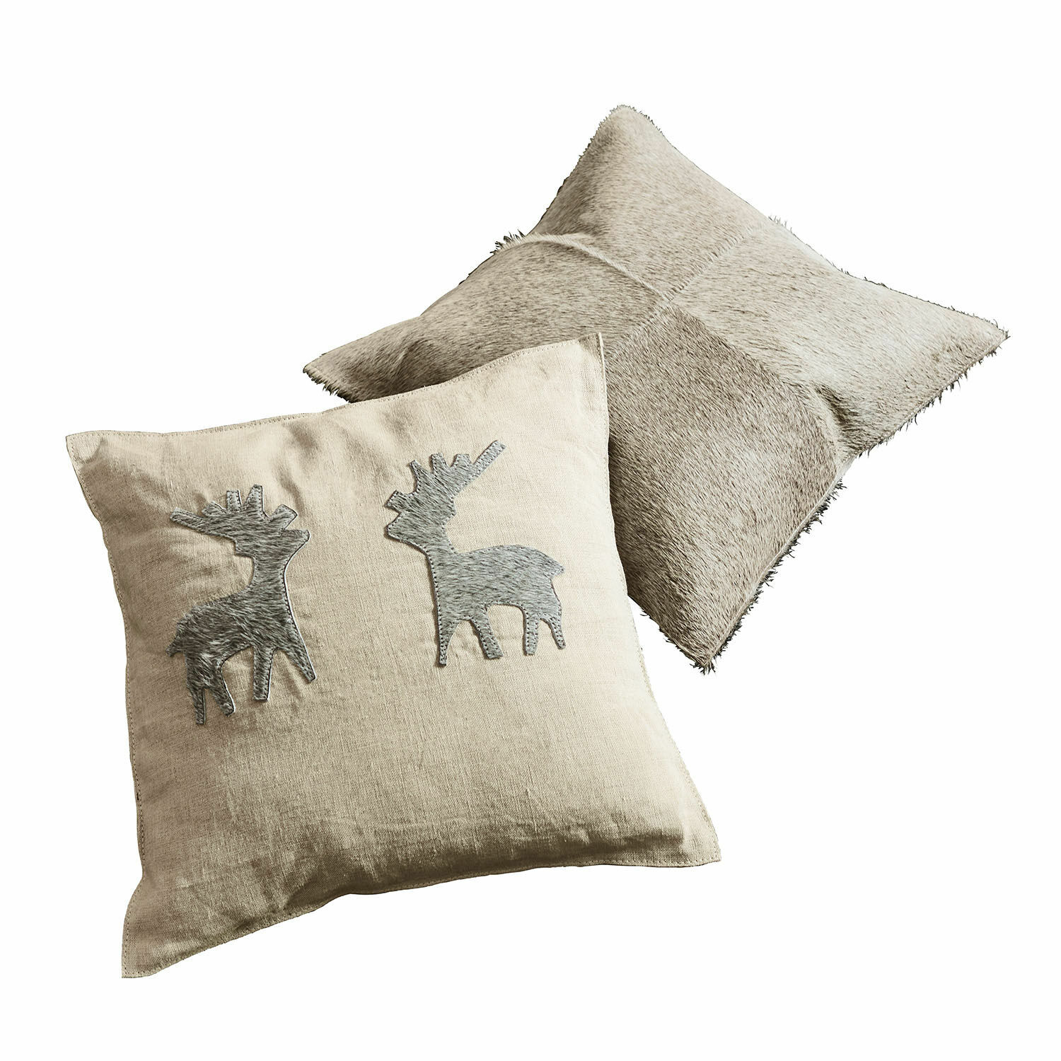 Kissenhülle 2er Set Beaupuy Beige Leinenkissen mit grauen Hirsch-Applikationen und zweites Kissen mit grauem Fellbezug