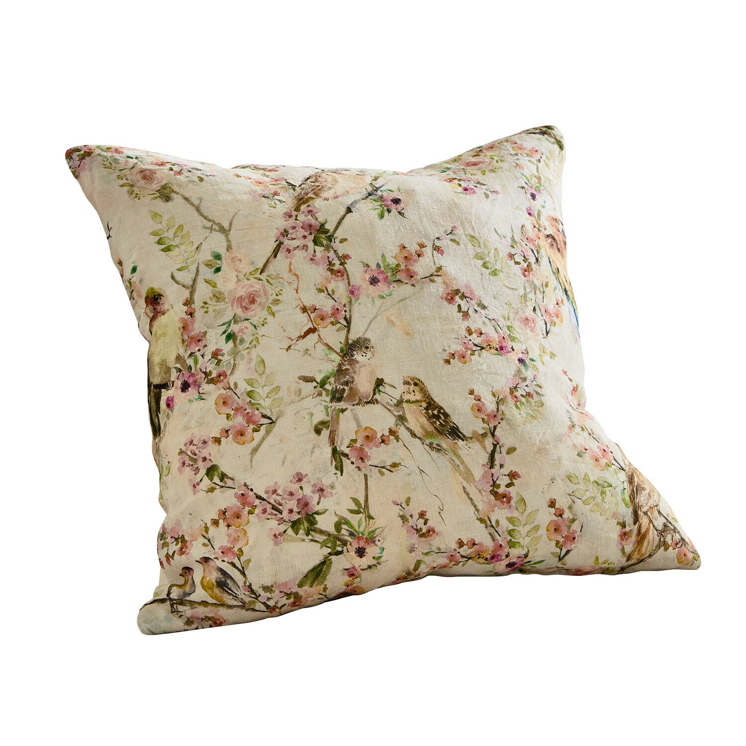 Kissenhülle Florémont Dekoratives Kissen aus Leinen in Creme mit Vogel- und Blumenmuster, rustikaler Stil