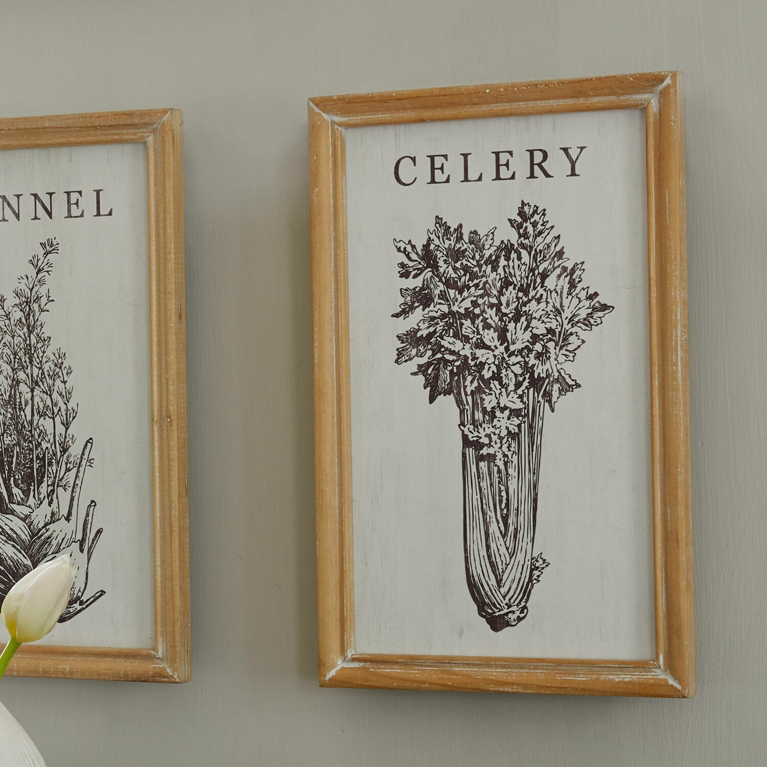 Holzrahmen mit vintage Grafik von Sellerie an heller Wand im Raum