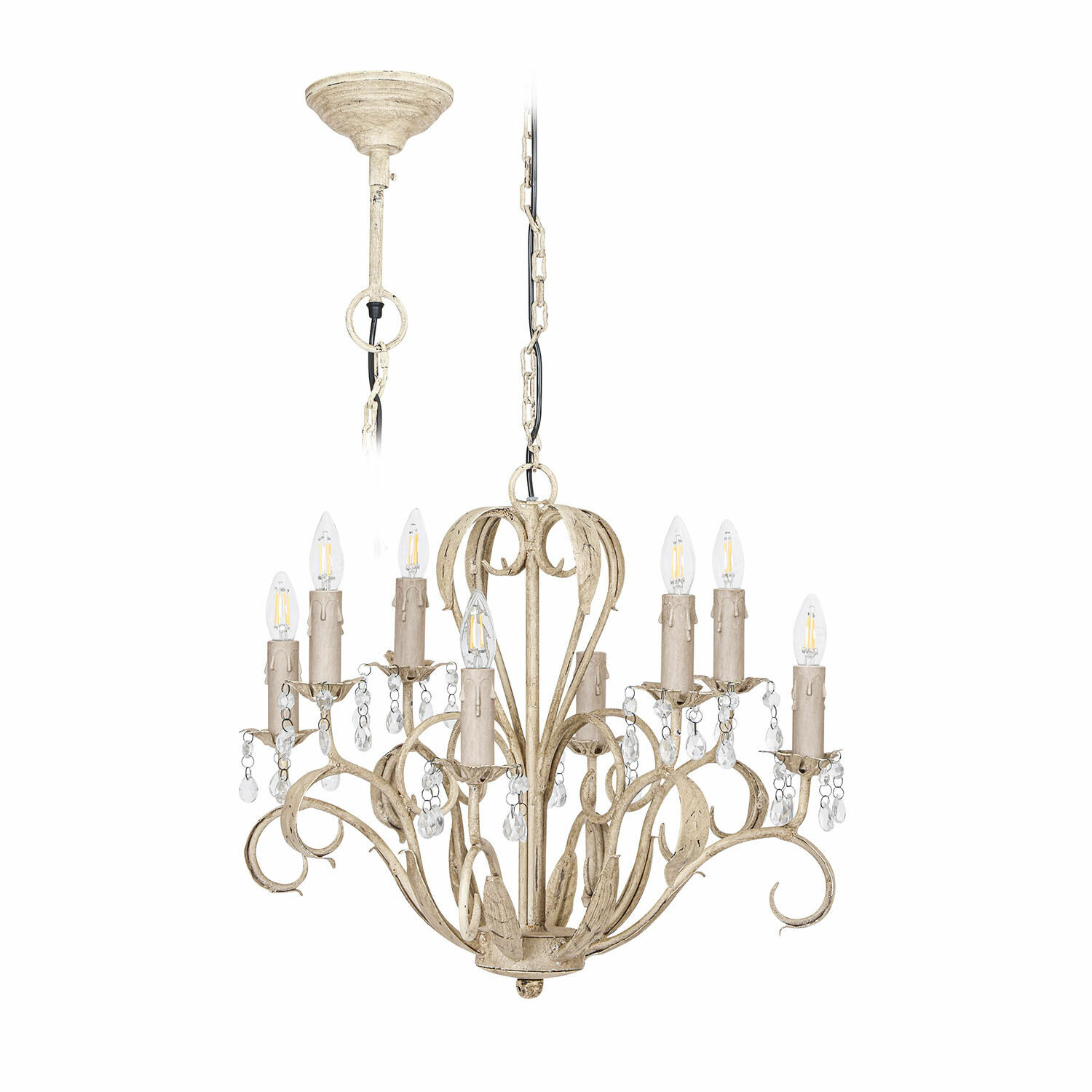 Vintage Metall-Kronleuchter in Beige mit Kristallanhängern und dekorativen LED-Leuchten