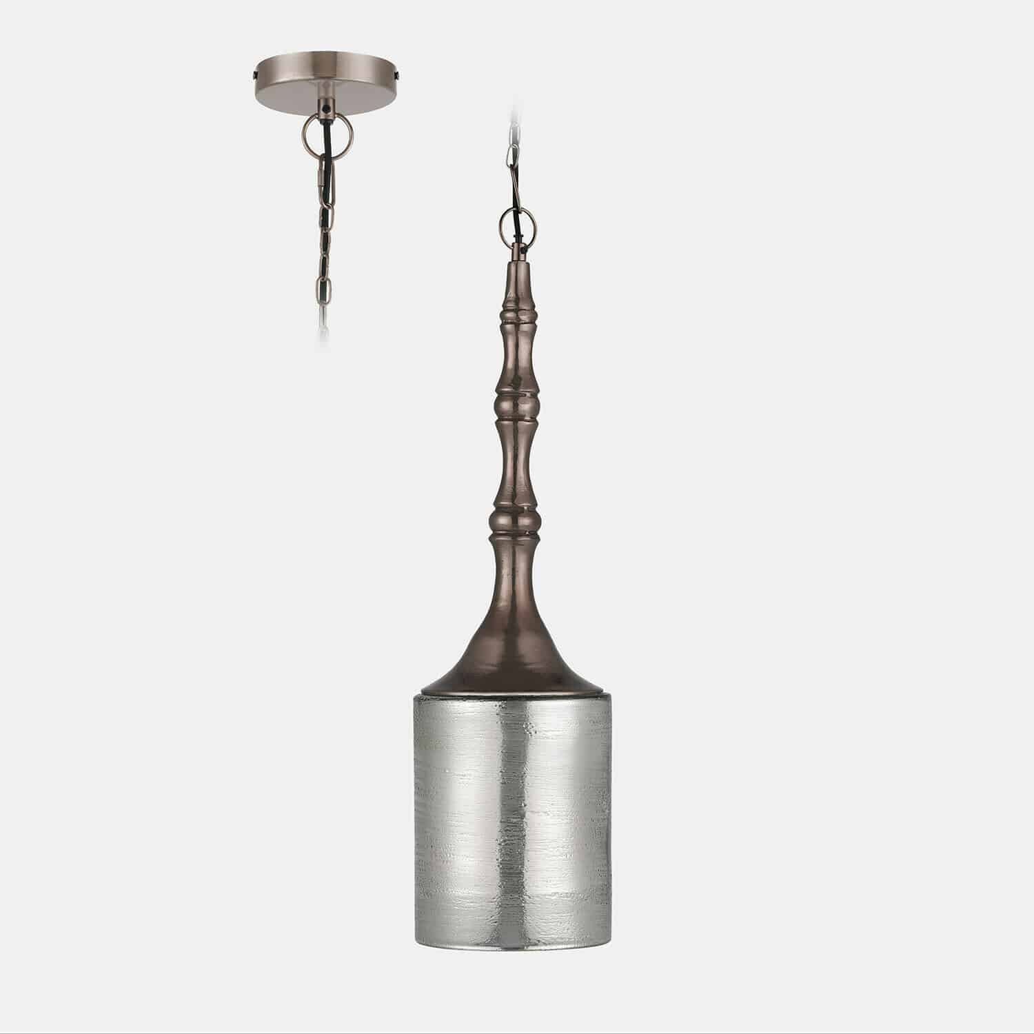Hängelampe mit braunem Metallhalter und silbernem Glaslampenschirm für Innenbeleuchtung