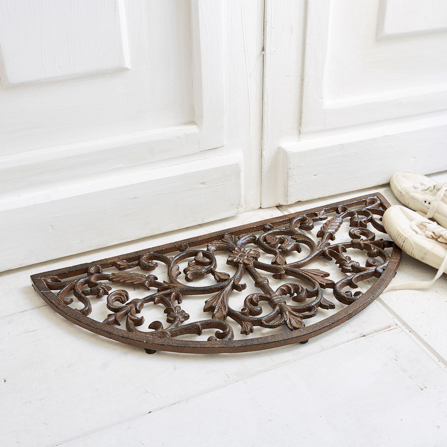 Schuhabstreifer Karis Halbrunde braune Gusseisen-Türmatte mit dekorativem Blatt- und Blumenmuster für den Eingangsbereich