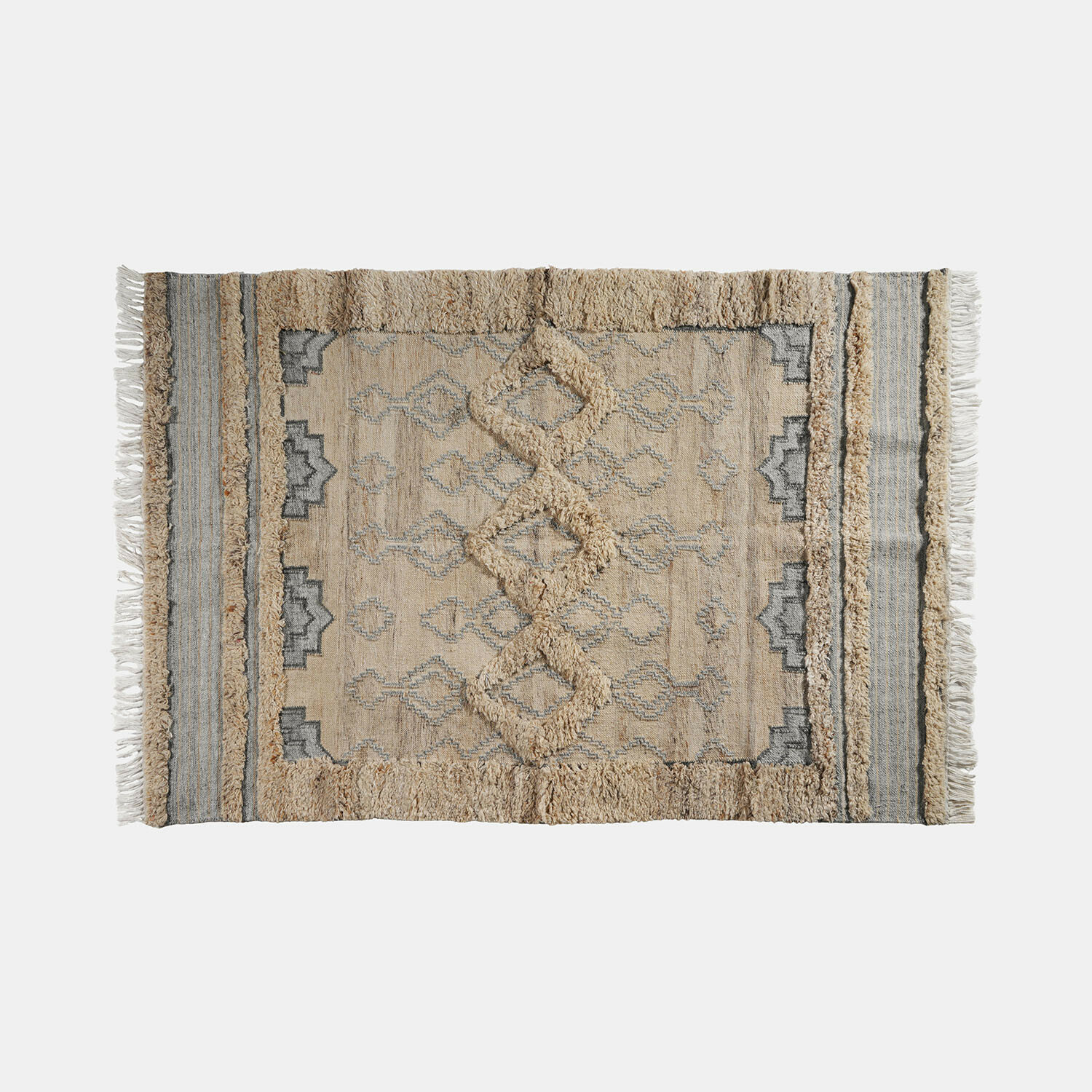 Beigefarbener Teppich mit geometrischem Muster und Fransen, weiches Material, Wohnaccessoire