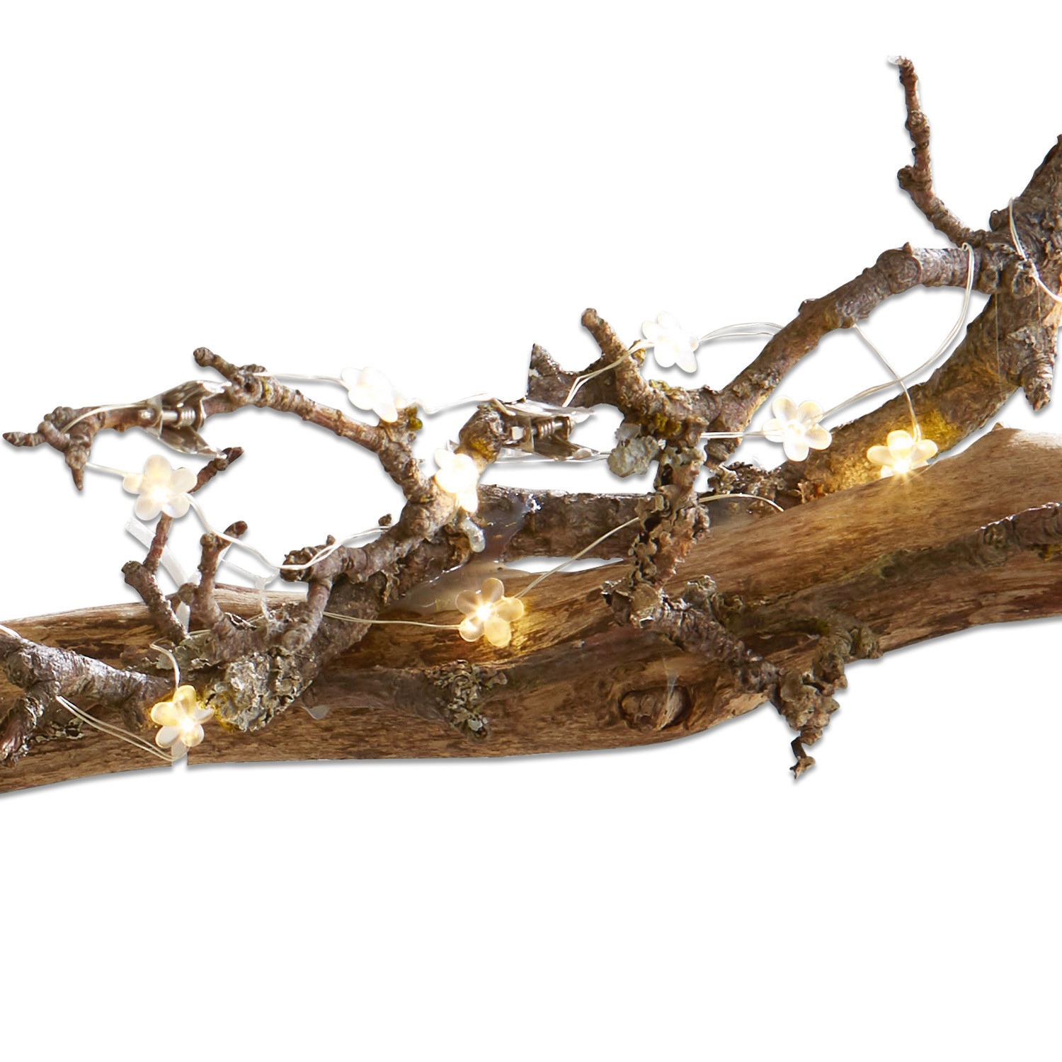 Dekorative Lichterkette mit Blumenlichtern auf Holzast für Innen- und Außenbereich