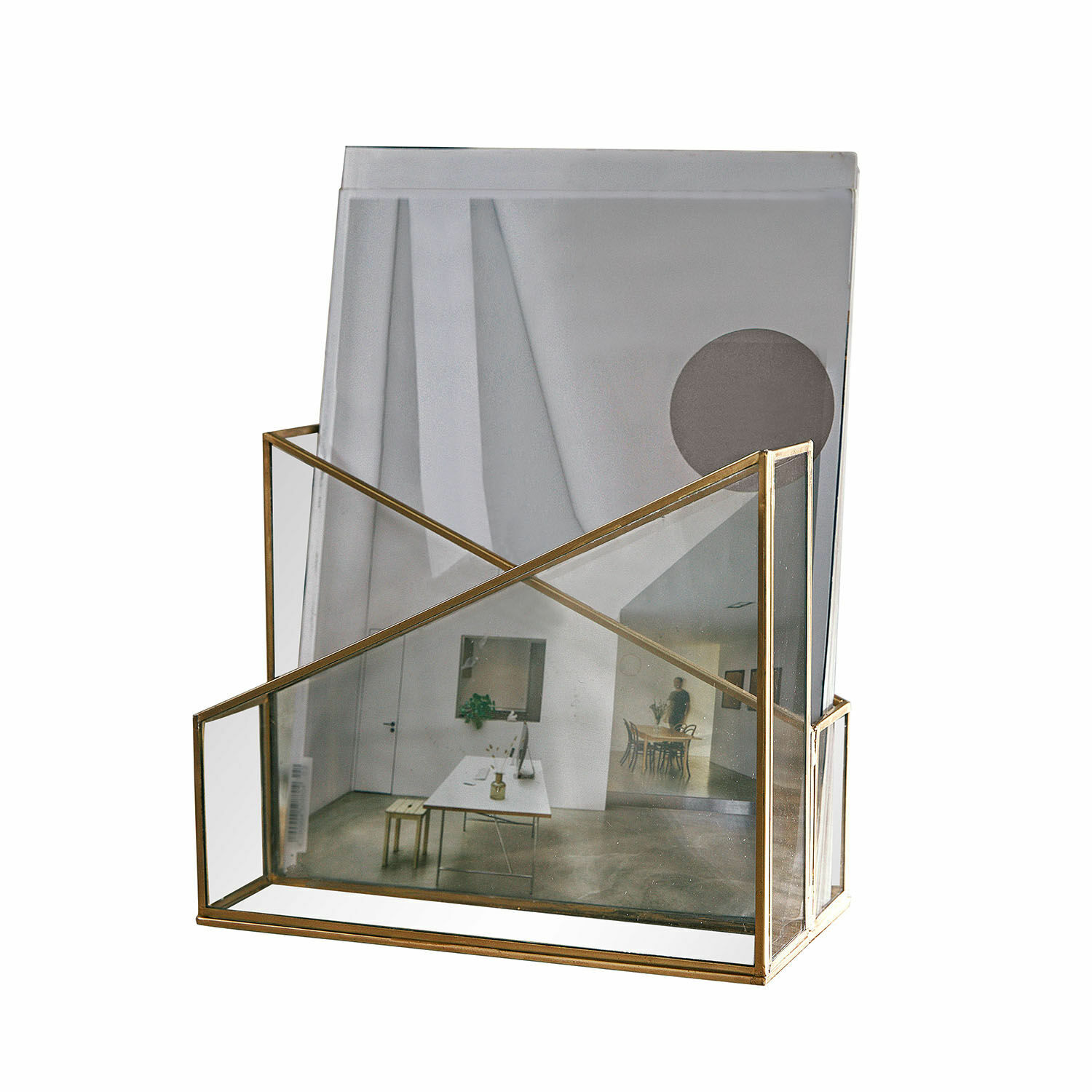 Zeitschriftenhalter Moselle Transparenter Glas-Dokumentenhalter mit messingfarbenem Metallrahmen für Büro