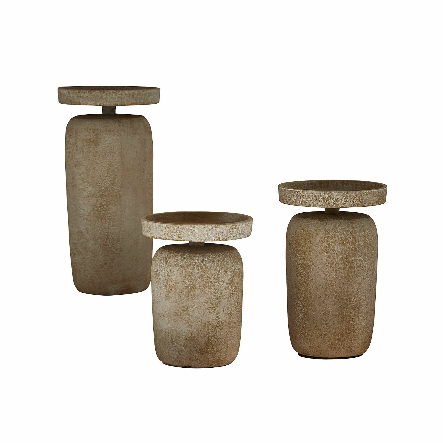 Set aus drei dekorativen Beistelltischen aus beigem Stein mit rustikalem Design
