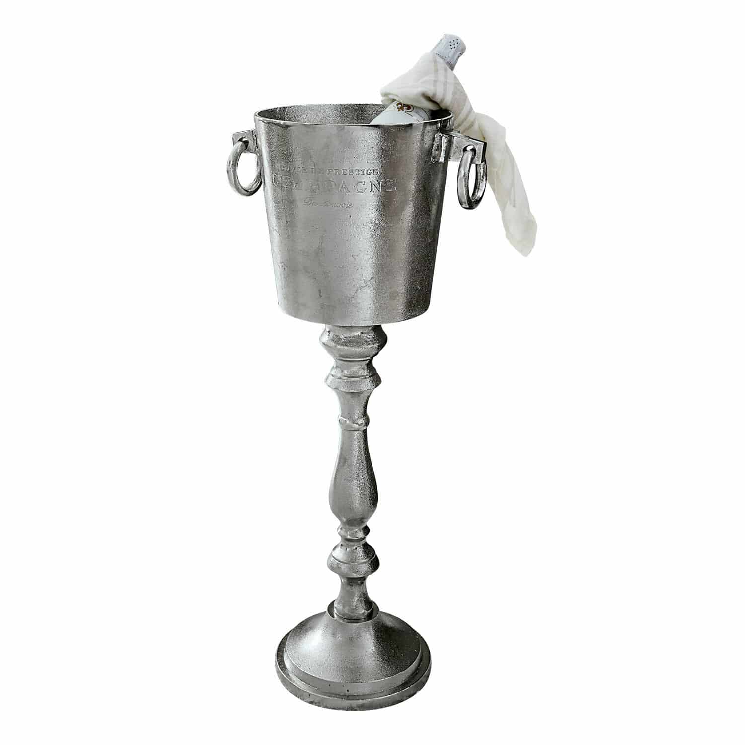 Sektkühler Danville Silberner Metall-Eisbehälter auf Ständer mit Griffen und Champagnerflasche, elegantes Servierzubehör