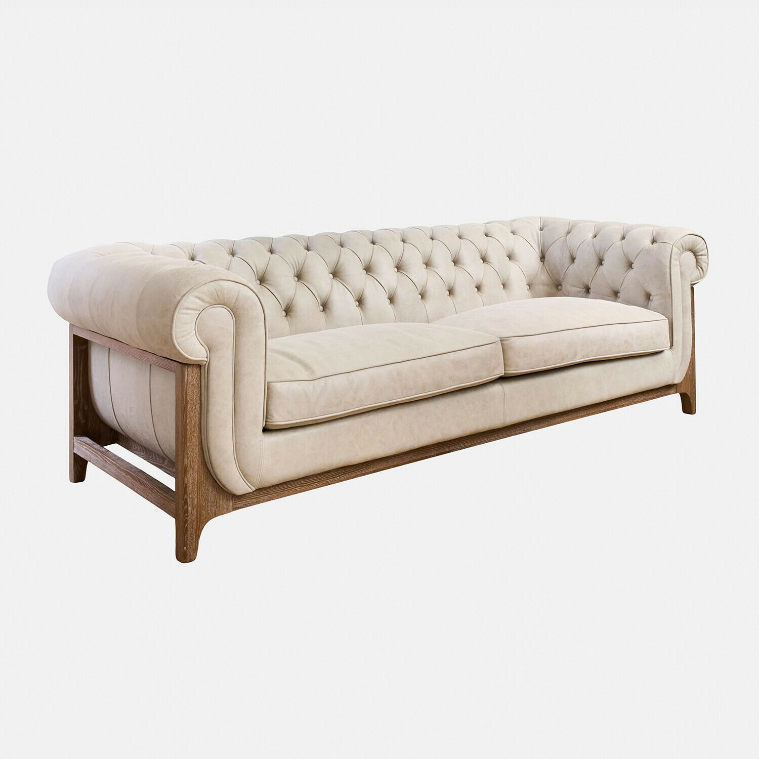 Beiges Chesterfield-Sofa mit gesteppter Rückenlehne und Holzrahmen, elegantes Wohnzimmermöbel