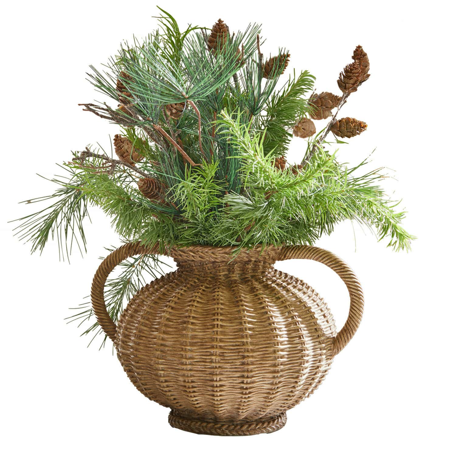 Vase Kaelvik Dekorativer Korb aus Rattan mit Griffen, gefüllt mit grünen Zweigen und Kiefernzapfen