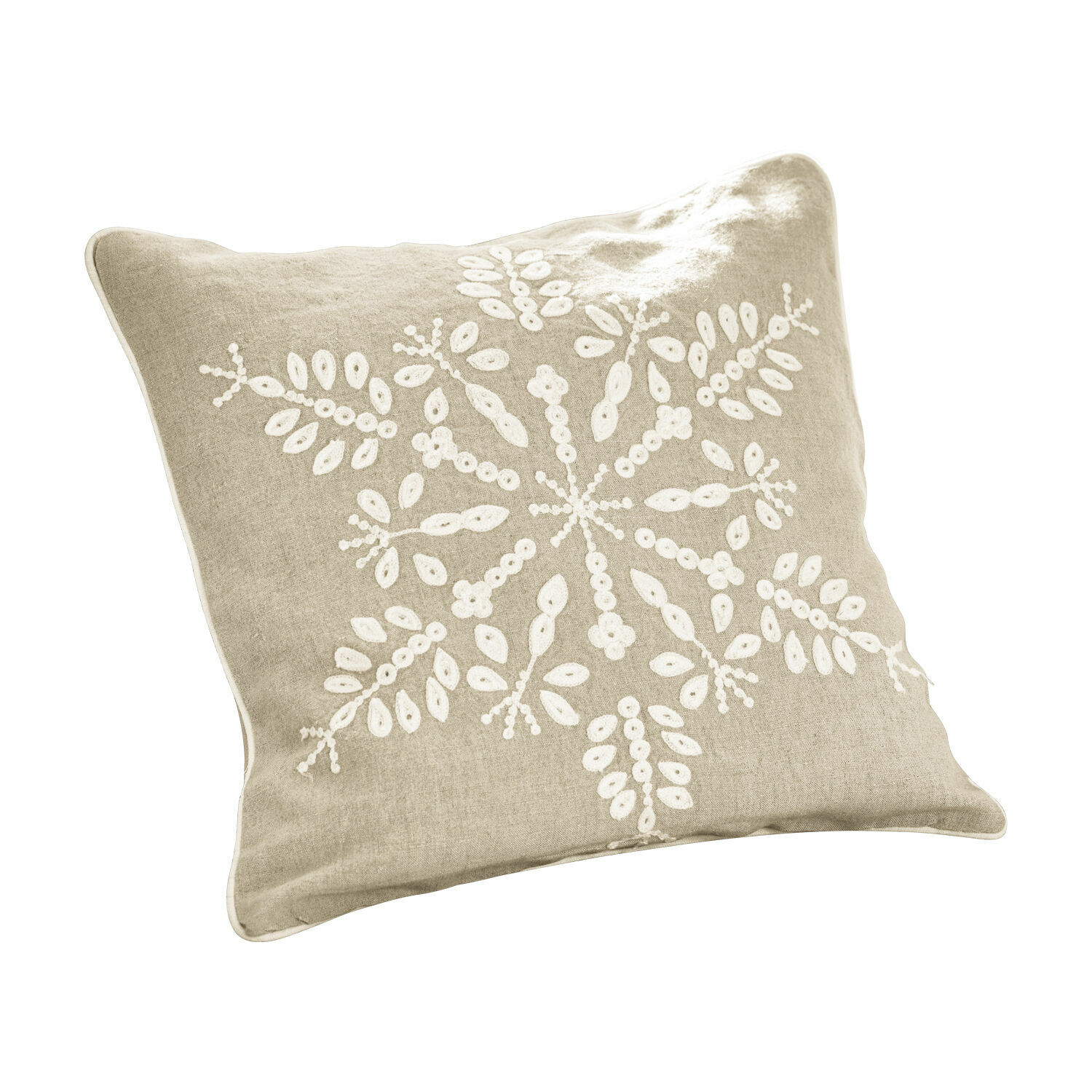 Kissenhülle Snowflake Beige Leinenkissen mit weißem Schneeflocken-Stickmuster, dekoratives Wohnaccessoire