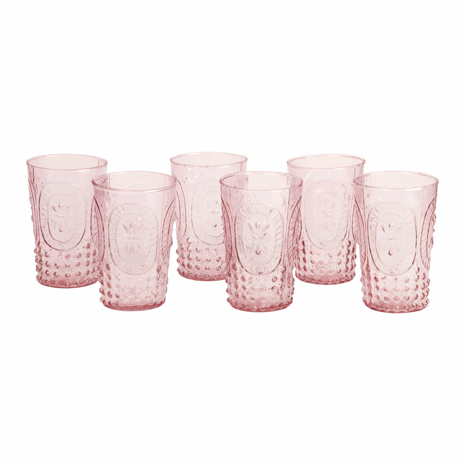 Glas 6er Set Fleury Set aus sechs rosa Trinkgläsern aus transparentem Glas mit dekorativem Muster