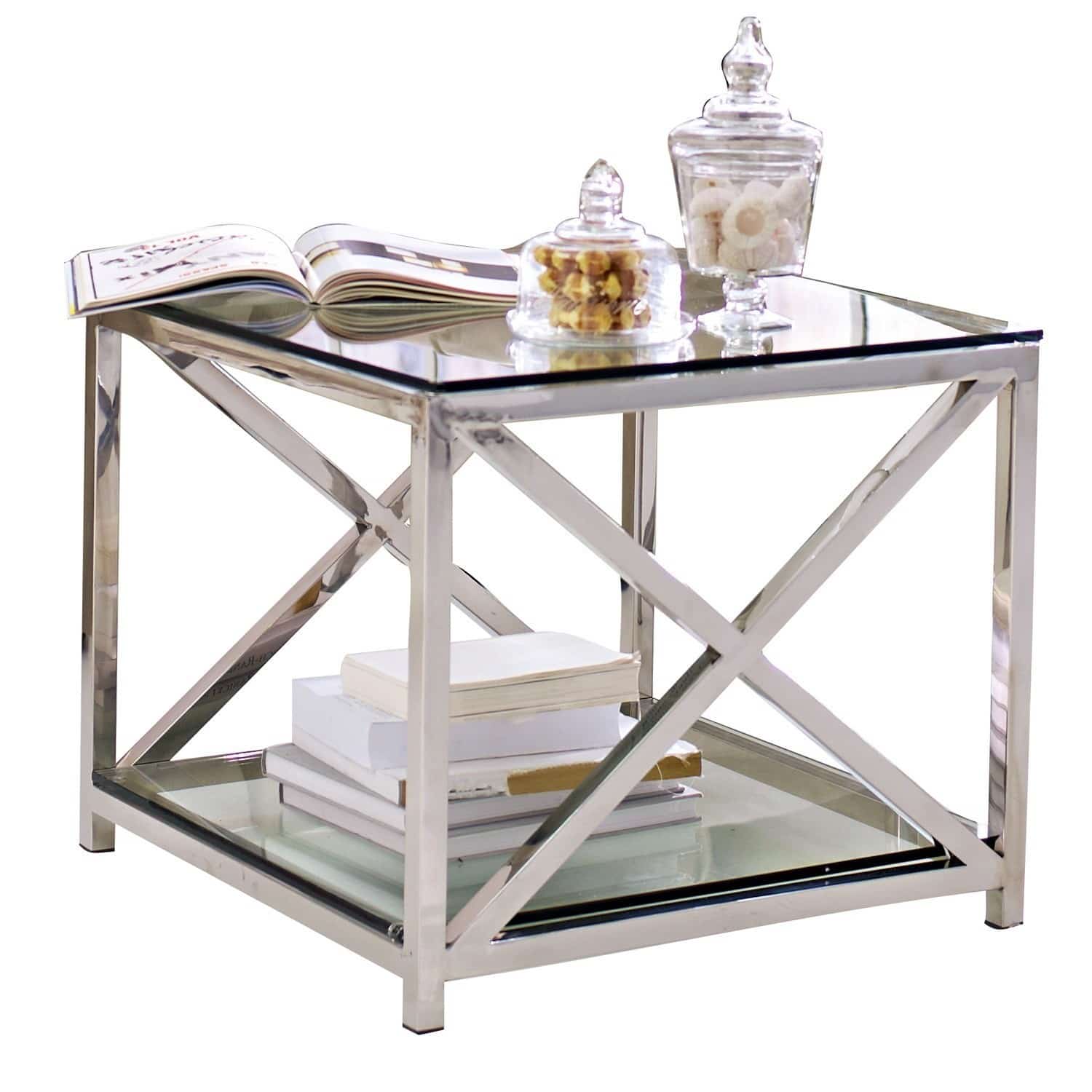 Beistelltisch Stamford Quadratischer Couchtisch aus Glas und Edelstahl mit Ablage und Dekorationen auf der Oberfläche