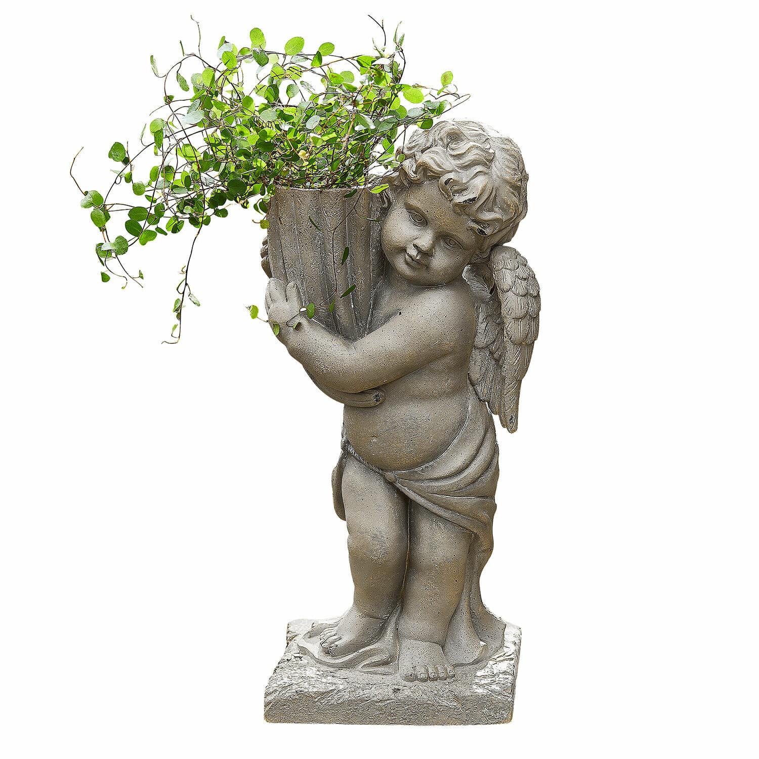 Übertopf Pirie Graue Steinskulptur eines Engels mit Pflanzgefäß und grünen Blättern als Gartendekoration