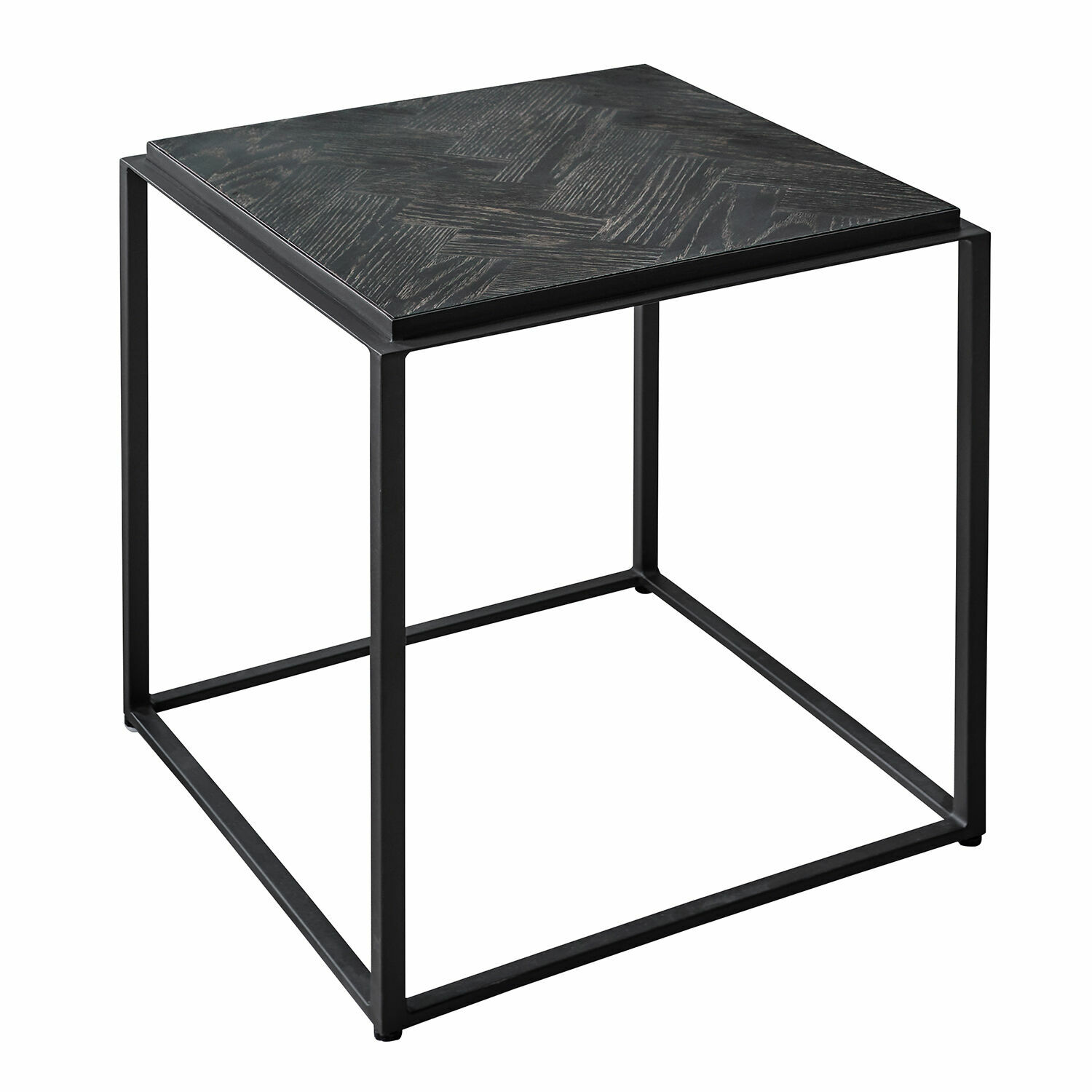 Beistelltisch Lumesto Quadratischer Beistelltisch aus schwarzem Metall und dunklem Holz mit geometrischem Muster, modernes Design