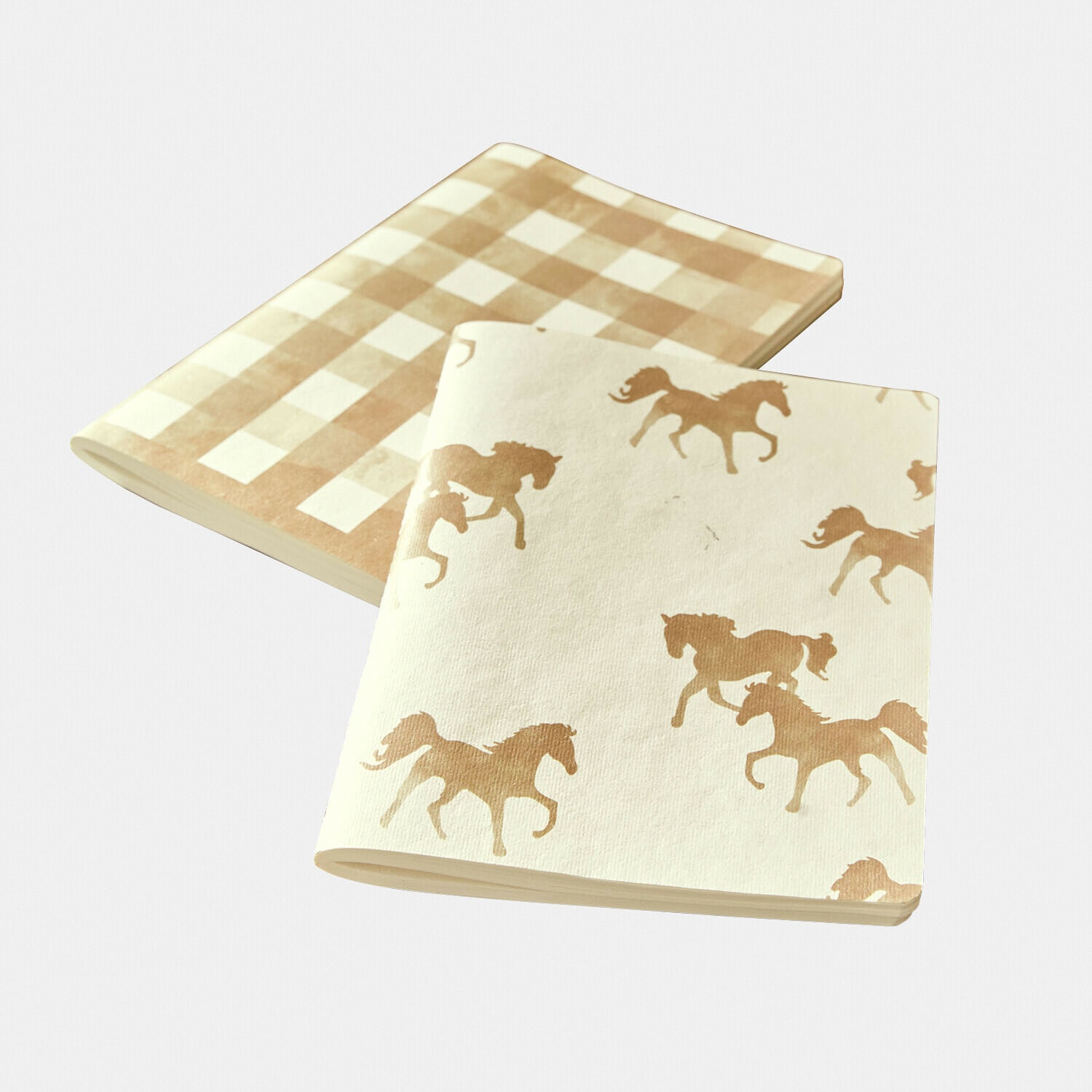Set aus zwei Baumwoll-Geschirrtüchern in Beige mit Pferde- und Karomuster