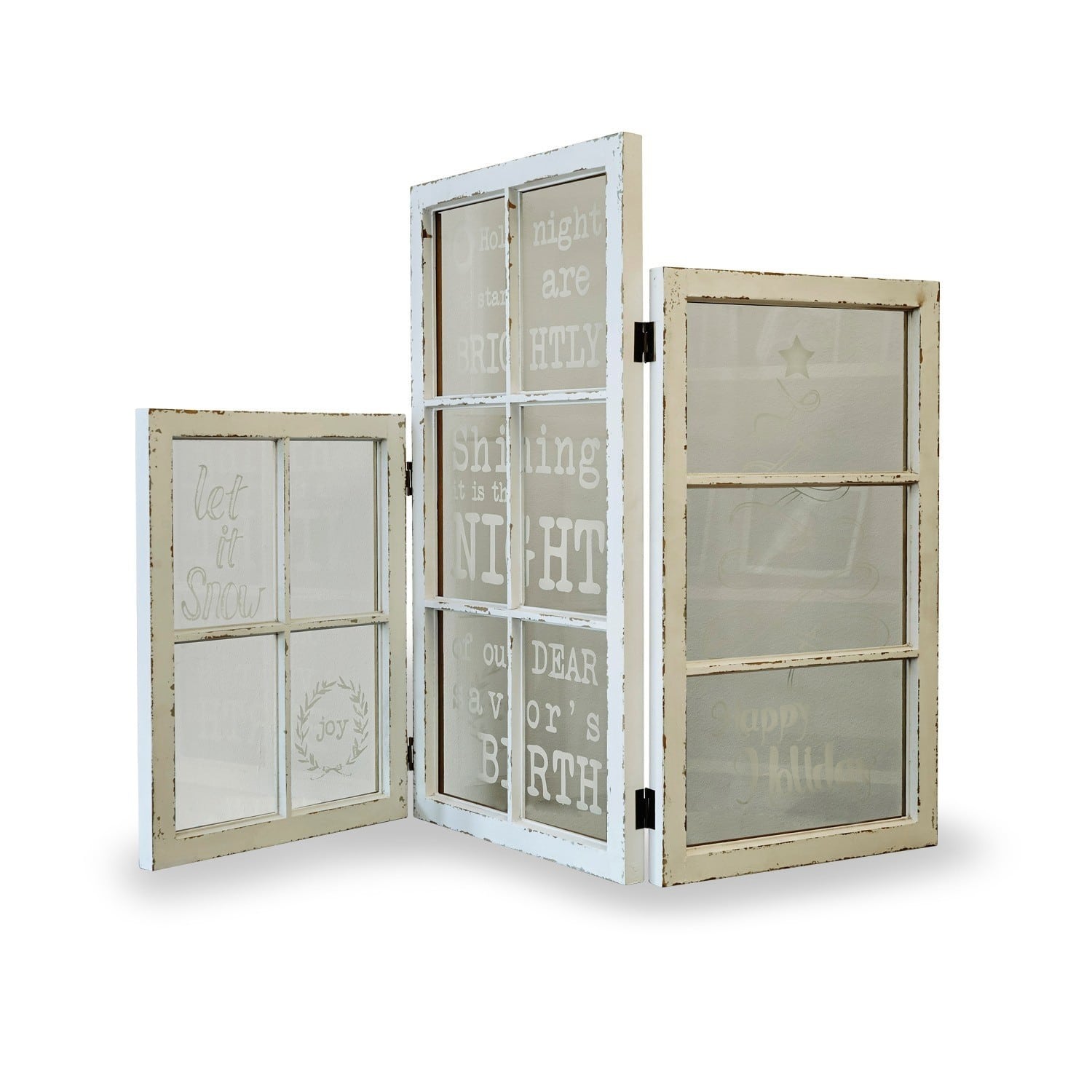 Dreiteiliger Fensterdekor aus Holz in Weiß und Beige mit weihnachtlichen Motiven