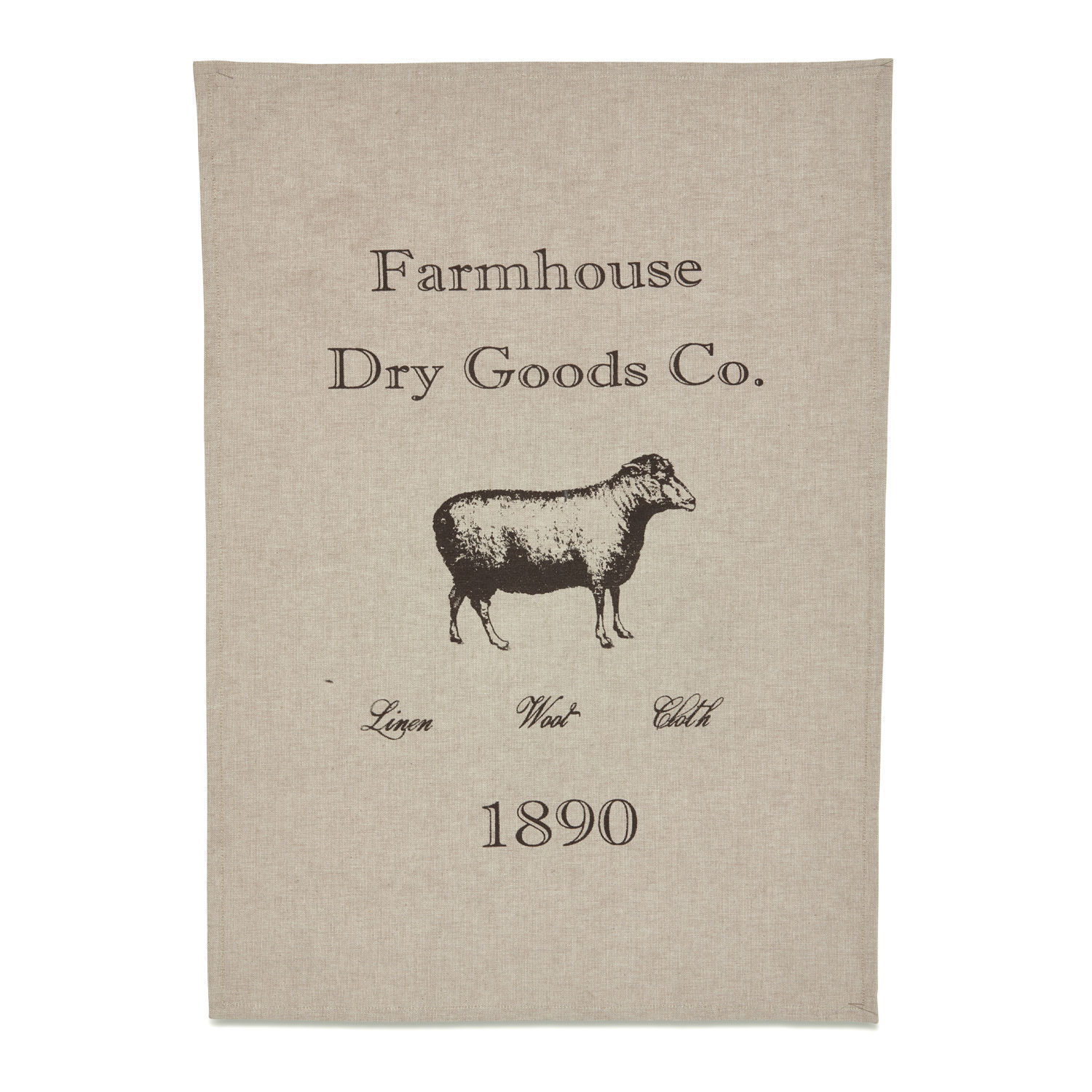 Leinen-Geschirrtuch in Beige mit Schaf-Motiv und Schriftzug Farmhouse Dry Goods Co. 1890