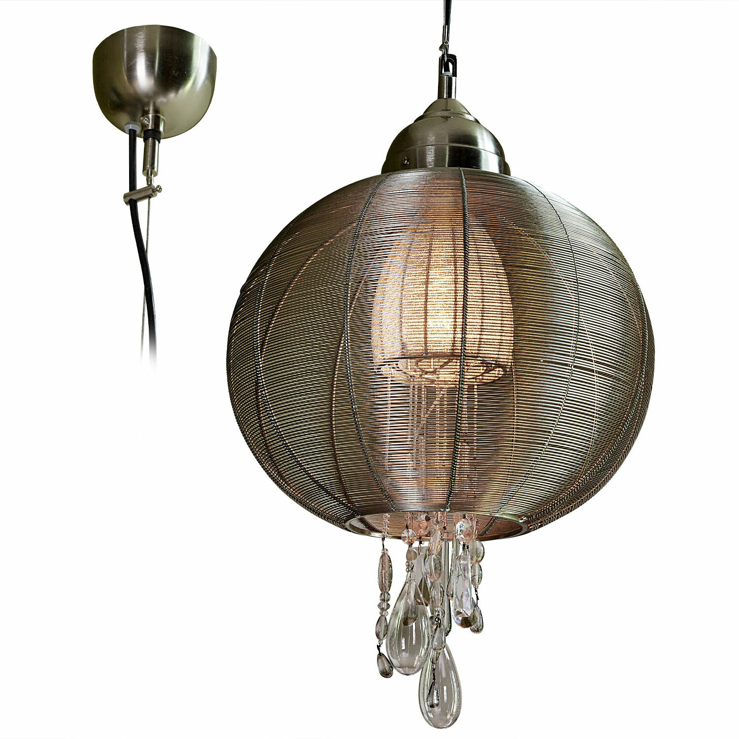 Hängelampe Sunbrook Hängelampe aus silbernem Metall mit Drahtgeflecht und Glas-Kristallen, modernes Design