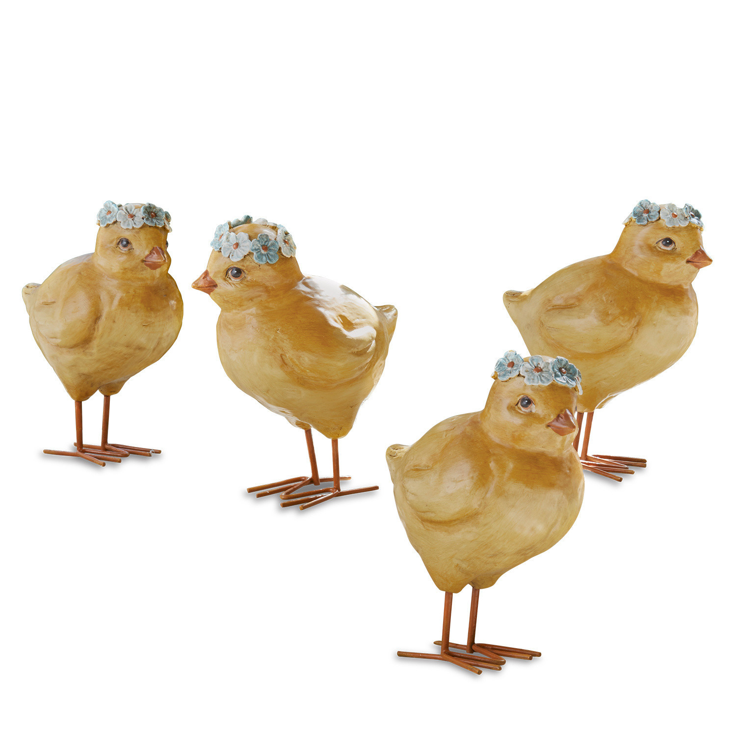 Vier gelbe Deko-Küken aus Material mit blauen Blumenkränzen als Frühlingsdeko