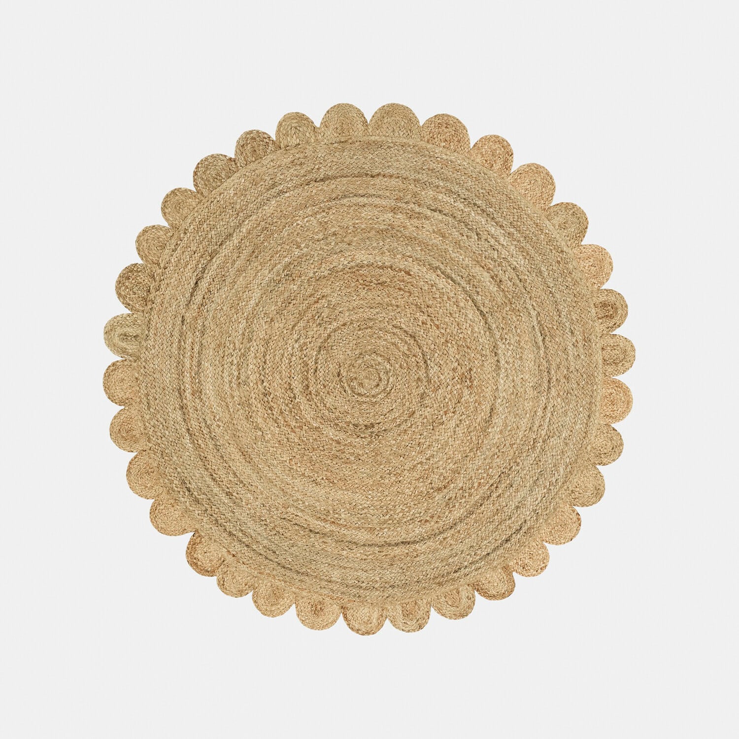 Runder Teppich aus natürlicher Jute mit dekorativem gewelltem Rand, langlebig und umweltfreundlich