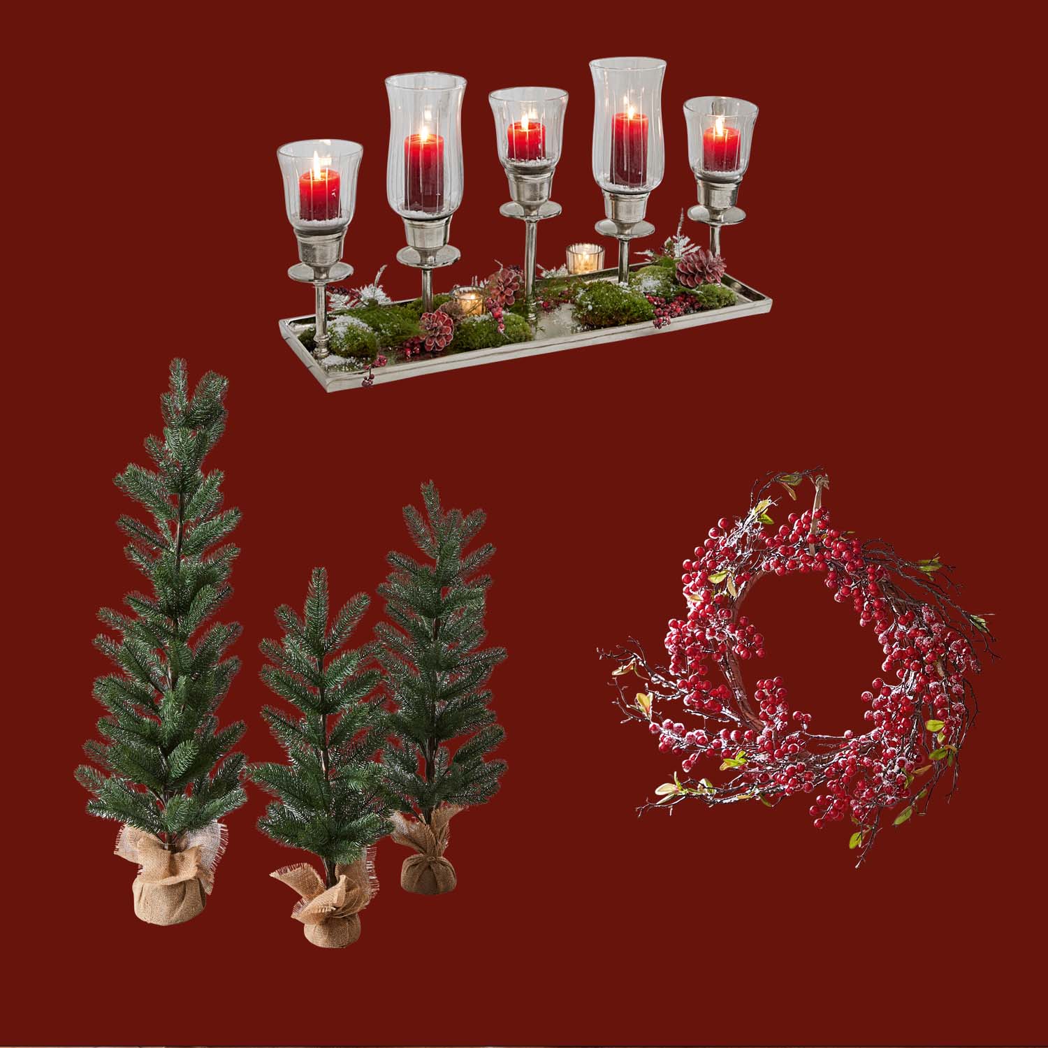 Weihnachtsdekorationsset mit roten Kerzen, grünen Tannenbäumen und rotem Beerenkranz