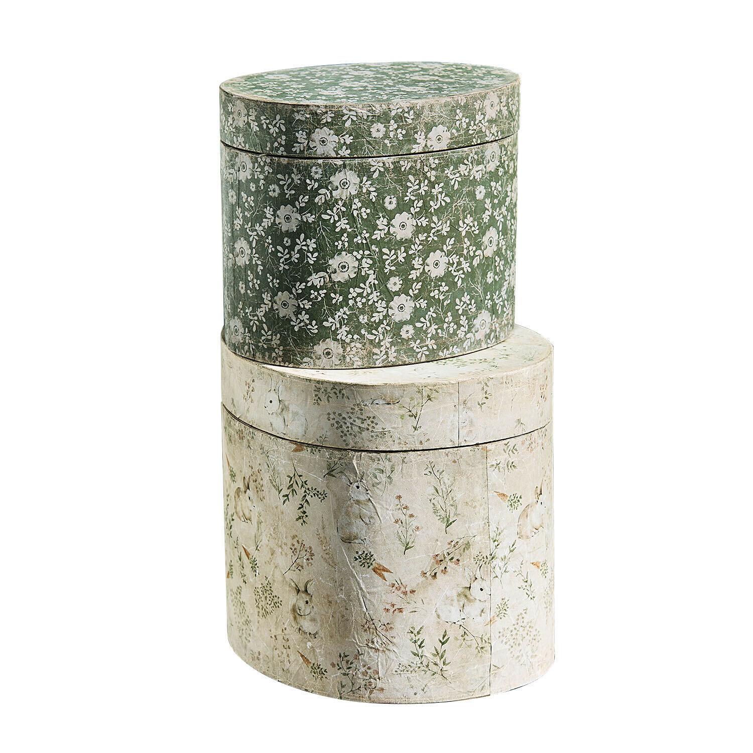 Set aus zwei runden Dekorationsboxen aus Papier, grün und cremefarben mit Blumen- und Hasenmotiven