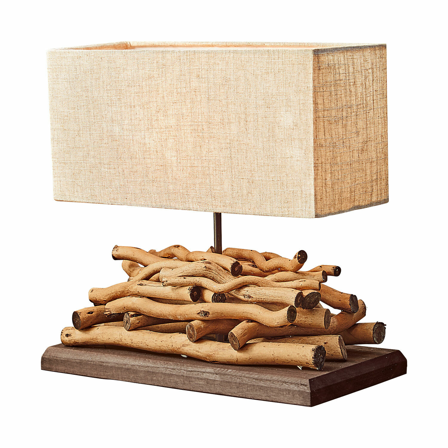 leinen/braun Tischlampe Caribou mit Naturholzfuß und beigem Stoffschirm, dekorative Wohnraumbeleuchtung
